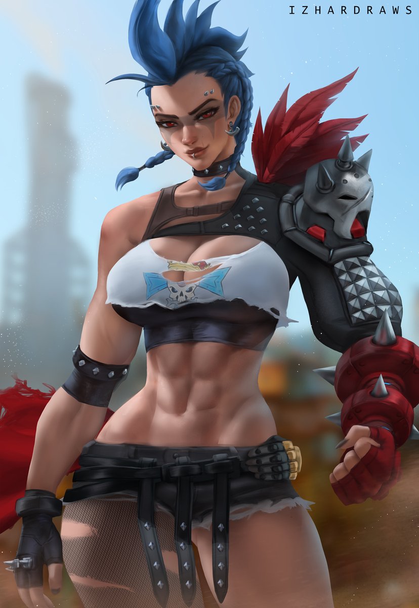 1girls, abs, big breasts, black choker, blizzard entertainment, blue hair, breasts, choker, clothed, clothing, color, female, female focus, female only, hi res, izhardraws, junker queen, large breasts, looking at viewer, muscular, muscular female, overwatch, overwatch 2, piercing, red eyes, ripped clothing, short hair, solo, tagme, tattoos, thick thighs