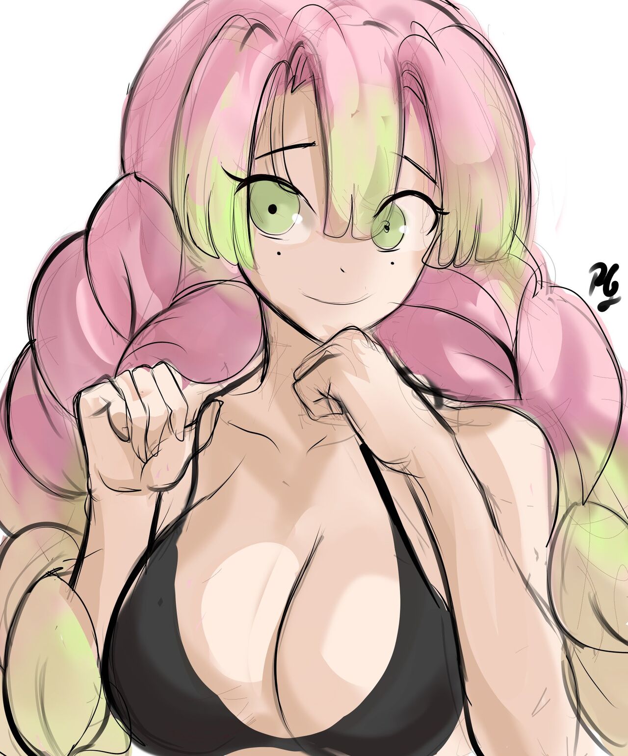 1girls, big breasts, bra, breasts, close-up, demon slayer, female, green eyes, kanroji mitsuri, kimetsu no yaiba, looking at viewer, pink hair, pink-haired female, rakeemspoon, solo, solo female
