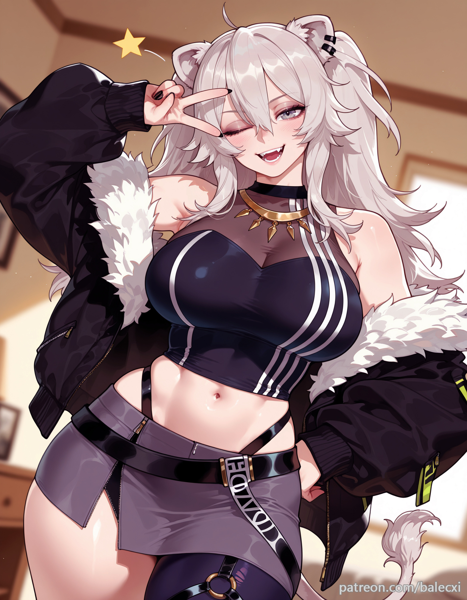 ahoge, ai generated, animal ears, balecxi, black jacket, black nails, breasts, cleavage, crop top, ear piercing, fangs, female, fur trim, fur-trimmed jacket, grey eyes, grey hair, grey skirt, hair between eyes, hand on own hip, hololive, hololive gen 5, hololive japan, indoors, jewelry, large breasts, lion ears, lion girl, lion tail, long hair, looking at viewer, midriff, navel, necklace, o-ring, off shoulder, one eye closed, open mouth, see-through, shishiro botan, shishiro botan (1st costume), single leg pantyhose, smile, solo, v, virtual youtuber, vtuber