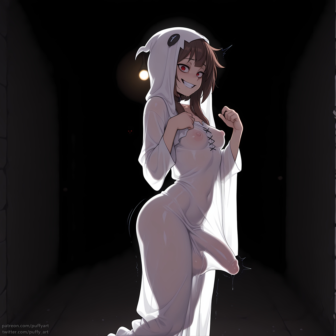 1futa, abs, ai generated, ass, bulge, bulge through clothing, bulge under clothes, covered abs, dickgirl, erection, erection under clothes, futa only, futanari, ghost, ghost costume, ghost futa, halloween, halloween costume, hood, intersex, kono subarashii sekai ni shukufuku wo!, megumin, nipple bulge, nipples visible through clothing, penis, penis silhouette, penis visible through clothing, puffyart, red eyes, thick thighs, thighs