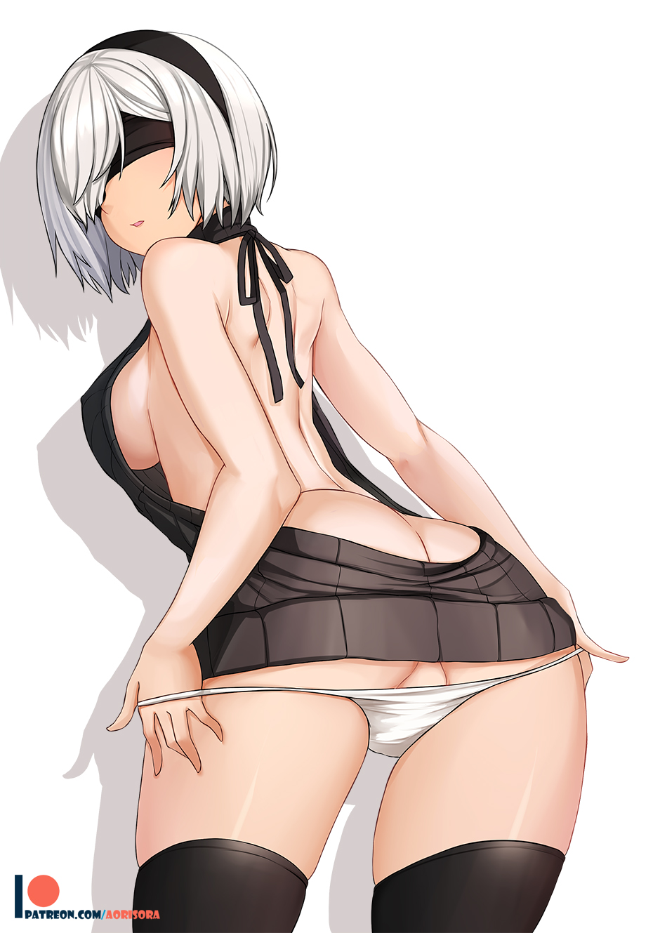 1girls aori_sora arched_back ass back backless_dress backless_outfit bare_back bare_shoulders black_blindfold black_hairband black_thighhighs blindfold breasts commentary covered_eyes drawstring dress english_commentary female female_only from_behind hair_over_one_eye hairband halterneck highres large_breasts looking_back meme_attire naked_sweater nier:_automata nier_(series) panties panty_pull parted_lips partially_visible_vulva photoshop_(medium) ribbed_sweater short_hair sideboob sleeveless sleeveless_turtleneck solo sweater sweater_dress thighhighs turtleneck turtleneck_sweater underwear virgin_killer_sweater white_hair white_panties yorha_2b