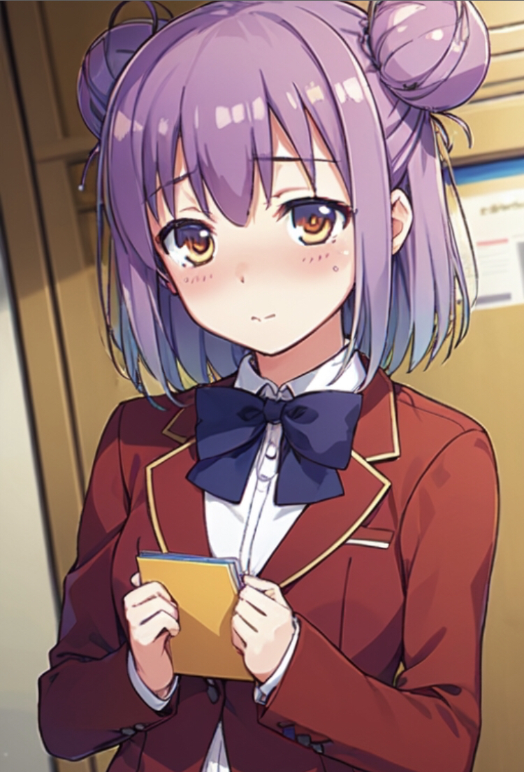 advanced_nurturing_high_school_uniform ai_generated blue_ribbon blushing classroom_of_the_elite holding_object orange_eyes purple_hair red_blazer school_uniform schoolgirl solo_female solo_focus tachibana_akane_(cote) two_hair_buns white_shirt youkoso_jitsuryoku_shijou_shugi_no_kyoushitsu_e