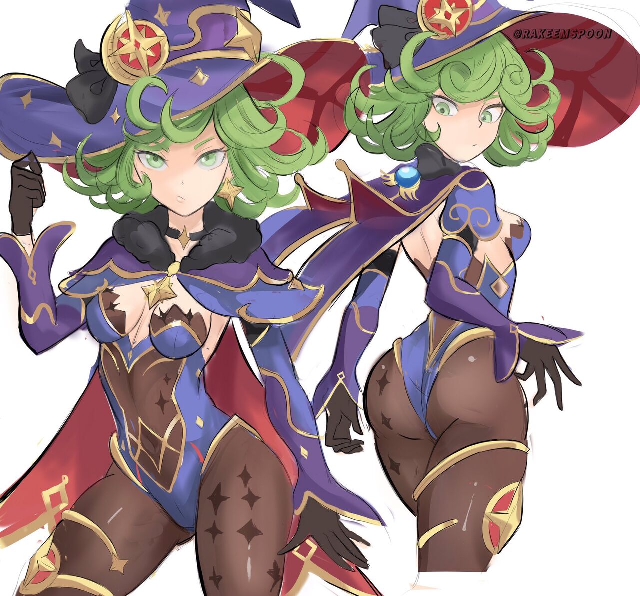 1girls, ass, breasts, cosplay, curly hair, female, genshin impact, green eyes, green hair, green-haired female, looking at viewer, looking back, mona (genshin impact) (cosplay), one-punch man, rakeemspoon, small breasts, solo, solo female, tatsumaki, witch hat