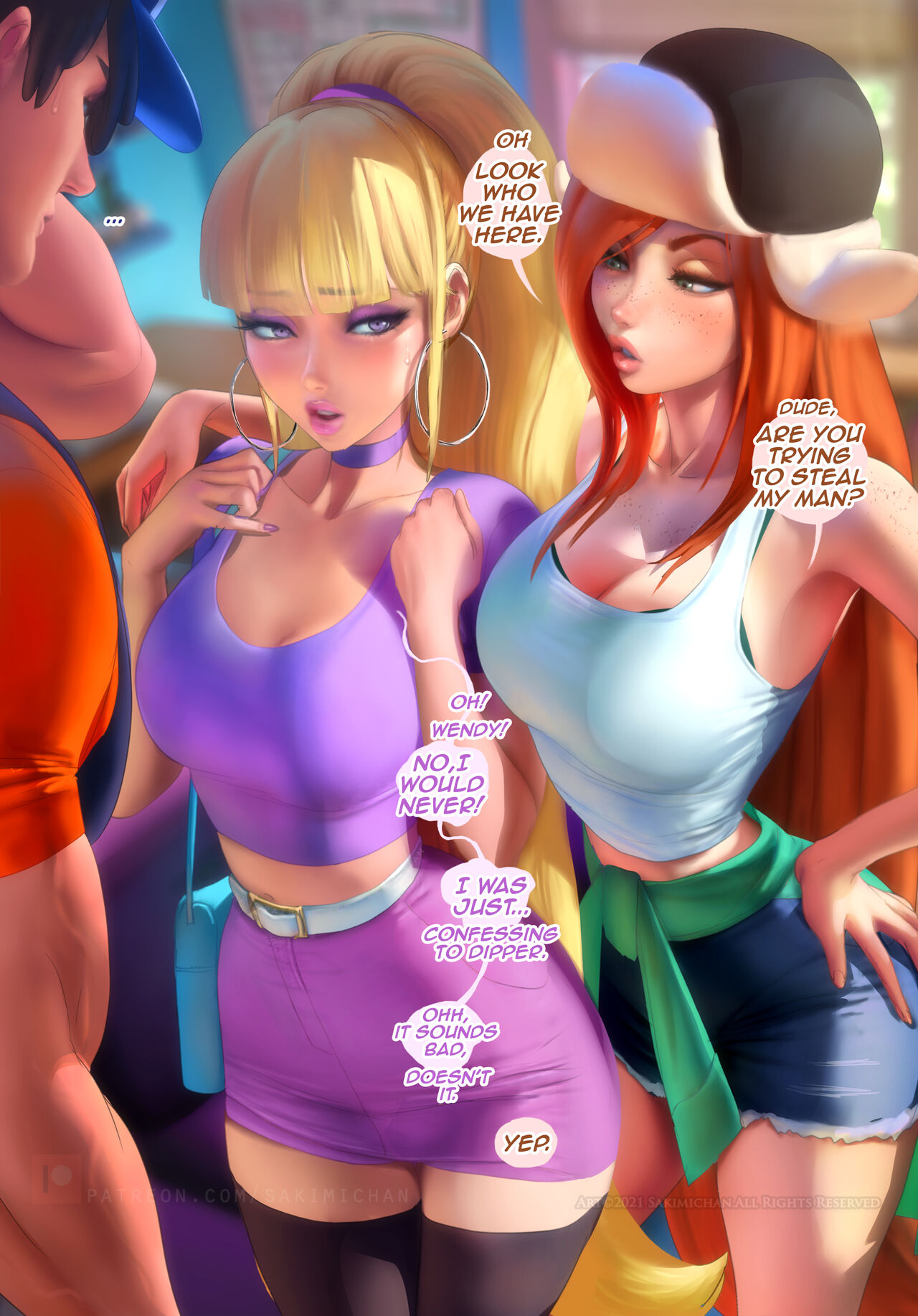 1boy, 2girls, big breasts, blonde hair, blush, breasts, choker, dipper pines, disney, disney channel, disney xd, ear rings, earrings, eyeshadow, female, freckles, ginger hair, gravity falls, handbag, hoop earrings, lipstick, long hair, male, nail polish, pacifica northwest, pink lipstick, purple eyeshadow, purple nails, sakimichan, sweatdrop, text, thighhighs, wendy corduroy