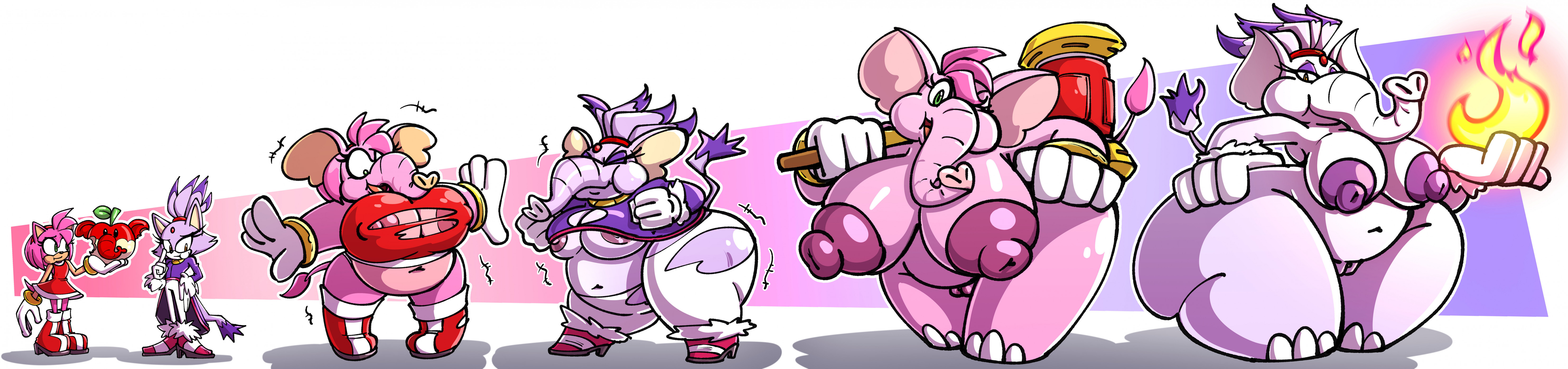 absurd res, amy rose, anthro, areola, big breasts, blaze the cat, boots, breasts, clothing, domestic cat, dress, duo, elephant, elephantid, eulipotyphlan, fat, felid, feline, felis, female, fire, footwear, forehead gem, genitals, gloves, green eyes, hair, half-closed eyes, hammer, hand on hip, handwear, hedgehog, hi res, high heels, huge breasts, huge hips, huge thighs, hyper, hyper breasts, long image, looking at viewer, mammal, narrowed eyes, navel, nipples, nude, obese, obese anthro, obese female, overweight, overweight anthro, overweight female, pink areola, pink hair, pink nipples, proboscidean, purple areola, purple nipples, pussy, sachasketchy, sega, sonic (series), sonic the hedgehog (series), species transformation, thick thighs, tools, torn clothing, transformation, wide hips, wide image, yellow eyes