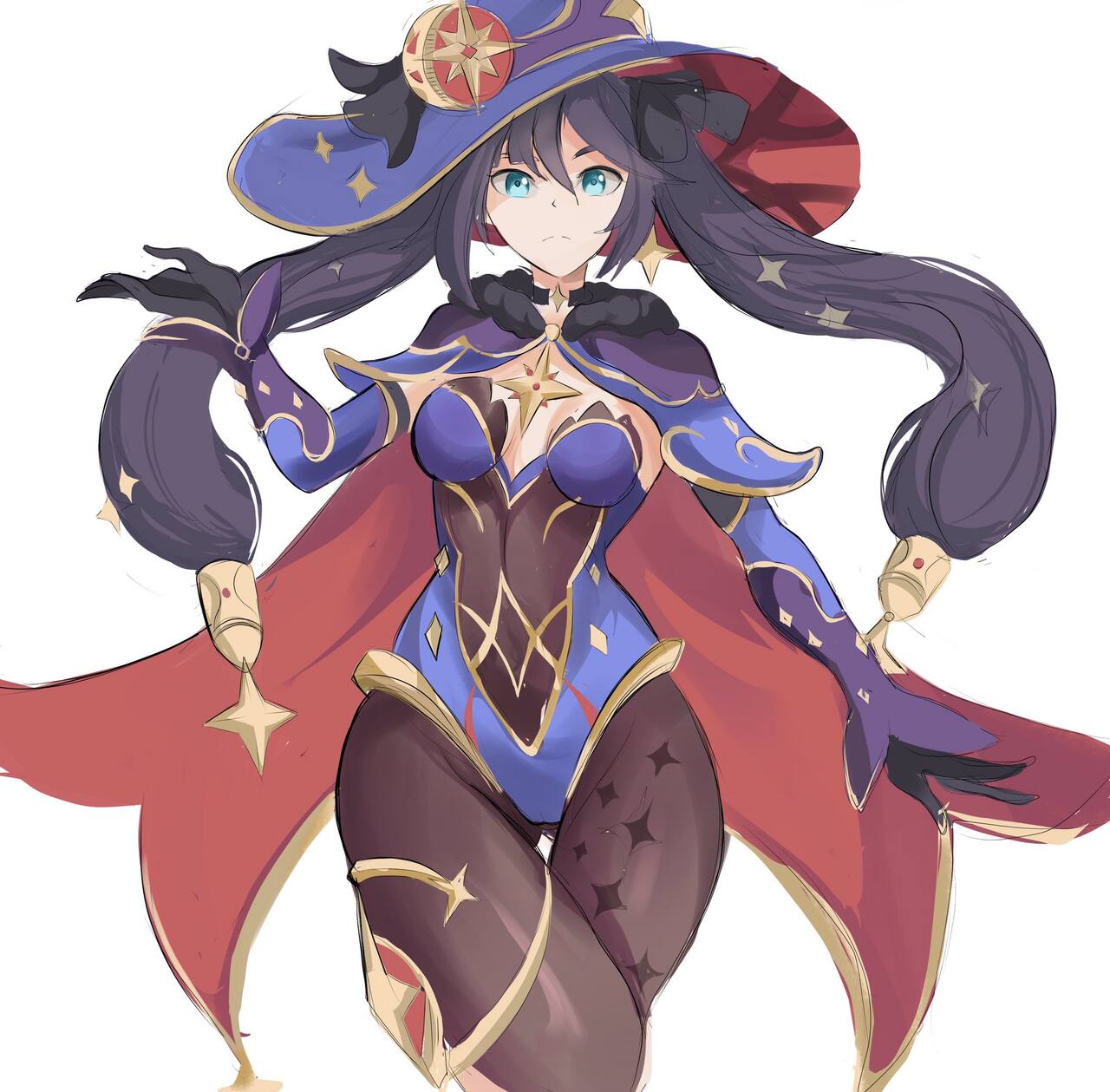 1girls, blue eyes, breasts, curvaceous, curvy, female, genshin impact, looking at viewer, mona (genshin impact), rakeemspoon, small breasts, solo, solo female, thick thighs, thighs, witch hat