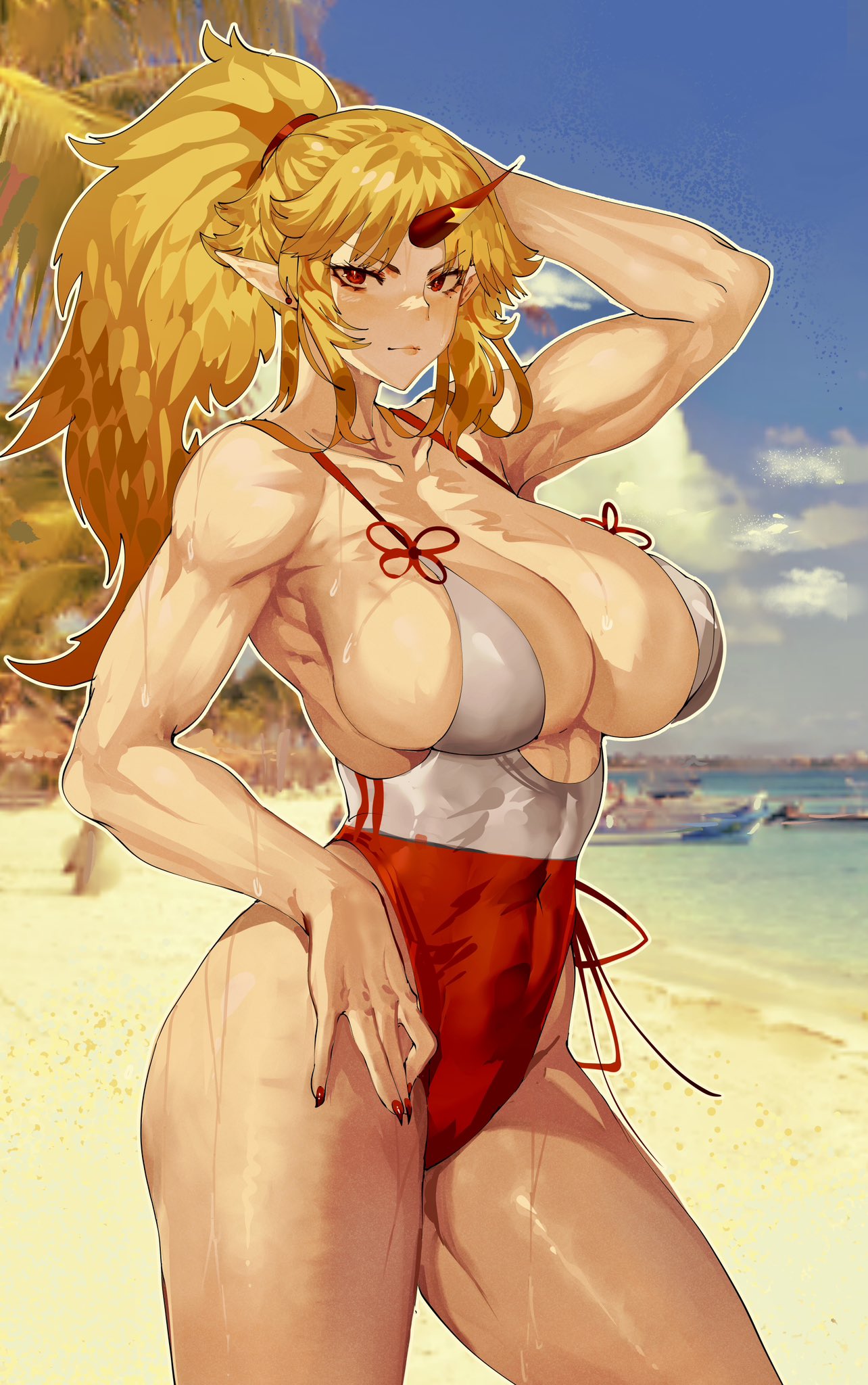 \||/ alternate_costume arm_up blonde_hair blurry blurry_background breasts closed_mouth cloud commentary contrapposto covered_navel cowboy_shot day earrings english_commentary female fingernails high_ponytail highres horns hoshiguma_yuugi jewelry large_breasts muscular muscular_female nail_polish oni_horns outdoors outline pointy_ears red_eyes red_nails serious sharp_fingernails single_horn sky solo tomatolover16 touhou v-shaped_eyebrows white_outline