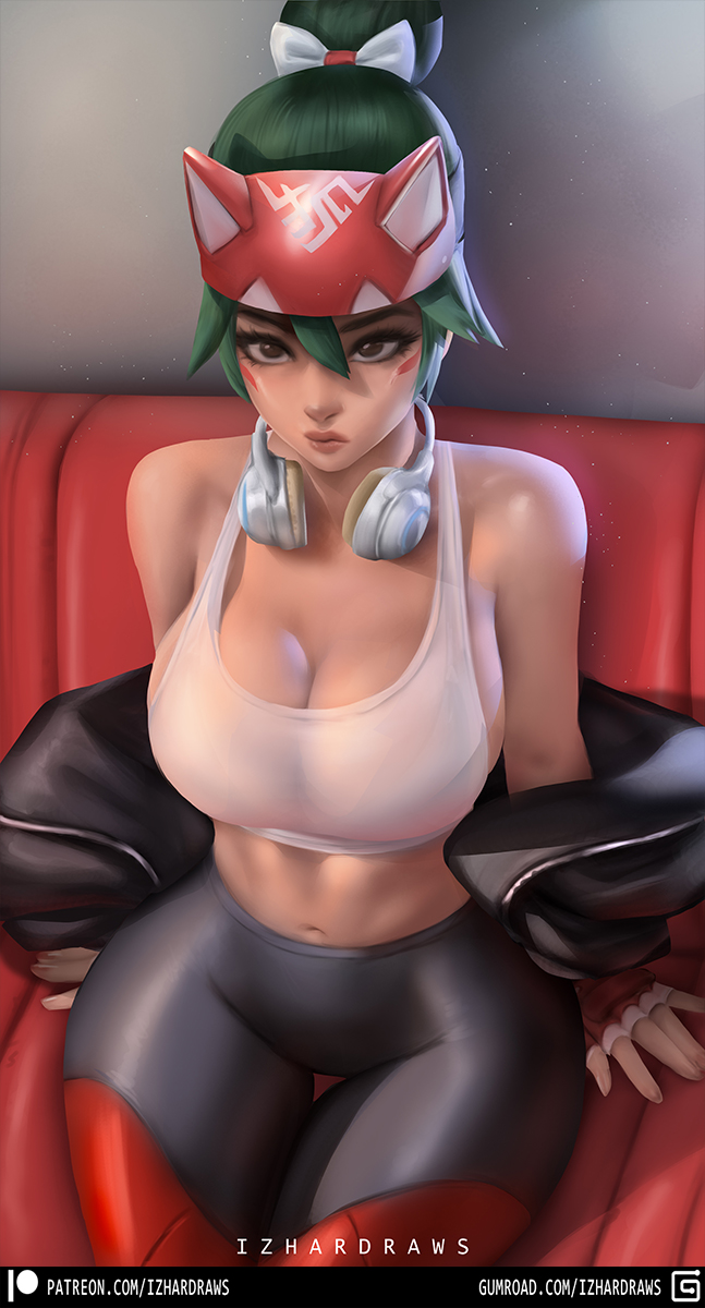 1girls bare_shoulders big_breasts clothed clothing color female female_focus female_only green_hair headphones hi_res izhardraws jacket kiriko_(overwatch) large_breasts looking_at_viewer overwatch overwatch_2 short_hair sofa solo solo_female superheroine tagme tattoos thick_thighs