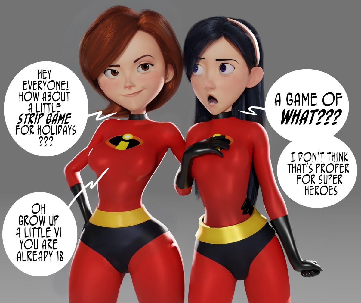 2 bodysuits, 2girls, 3d, bodysuit, crisisbeat, dialogue, disney, english text, female, female only, helen parr, jpeg, milf, mother and daughter, multiple females, multiple girls, pixar, rubber, rubber clothing, rubber suit, speech bubble, text, the incredibles, violet parr