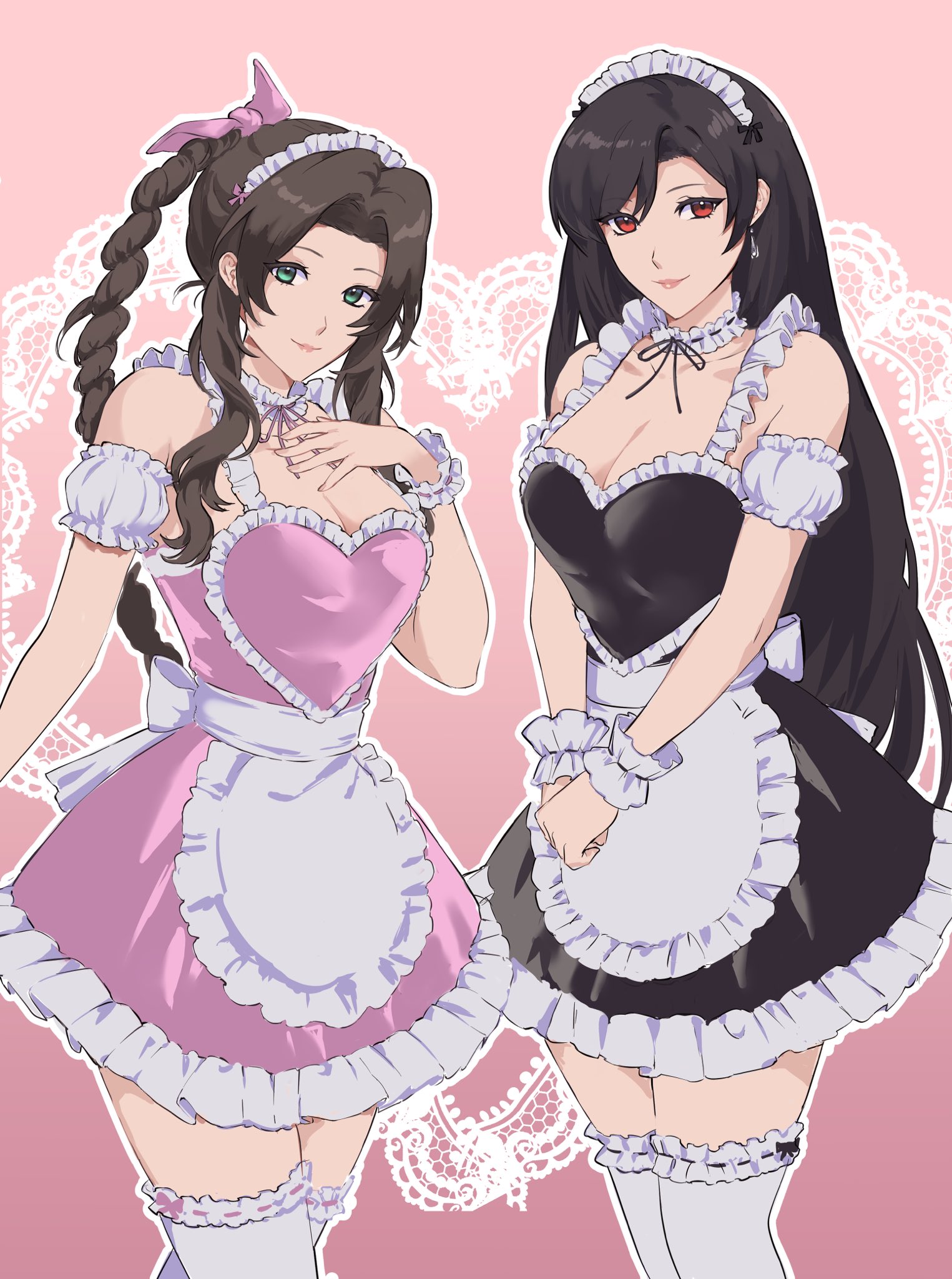 2girls, aerith gainsborough, apron, armlet, black hair, braid, braided ponytail, breasts, brown hair, choker, earrings, enmaided, female, final fantasy, final fantasy vii, green eyes, hairbow, kivavis, large breasts, long hair, looking at viewer, maid, maid apron, maid headdress, maid uniform, ponytail, red eyes, thighhighs, tifa lockhart, wrist cuffs