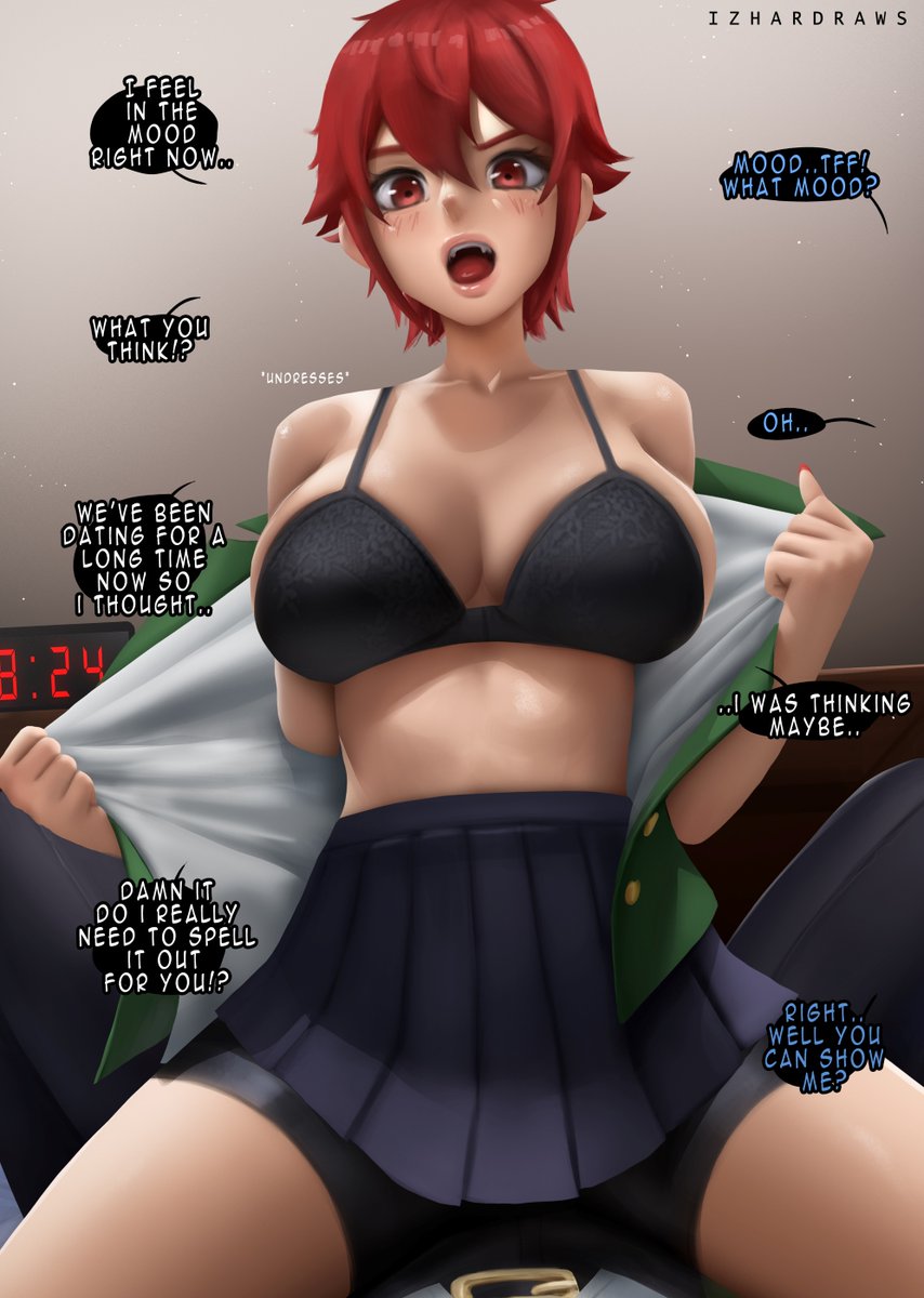 1boy 1boy1girl 1girls aizawa_tomo big_breasts blush bra color english_text female female_on_top hi_res izhardraws kubota_junichirou large_breasts male male/female male_on_bottom miniskirt open_mouth red_eyes red_hair short_hair skirt tagme text text_bubble thick_thighs tomboy tomo-chan_wa_onna_no_ko undressing