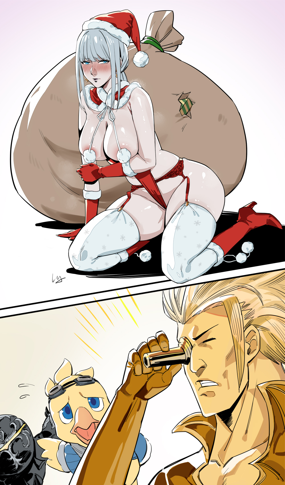 big_breasts blush blush bob_cut boots final_fantasy_xiv kneeling liangjushuang nipples omega-f omega_(final_fantasy) santa_costume santa_hat small_waist stockings thick_thighs white_hair wide_hips