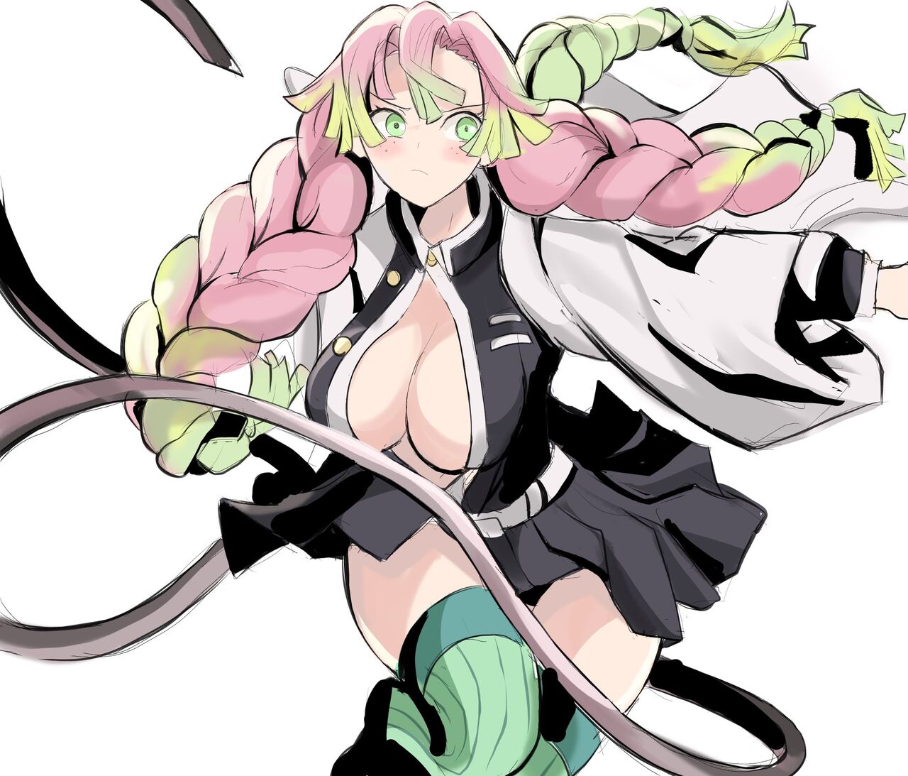 1girls, big breasts, blush, breasts, demon slayer, demon tail, female, green eyes, kanroji mitsuri, kimetsu no yaiba, pink hair, pink-haired female, rakeemspoon, skirt, solo, solo female, thick thighs, thighhighs, thighs