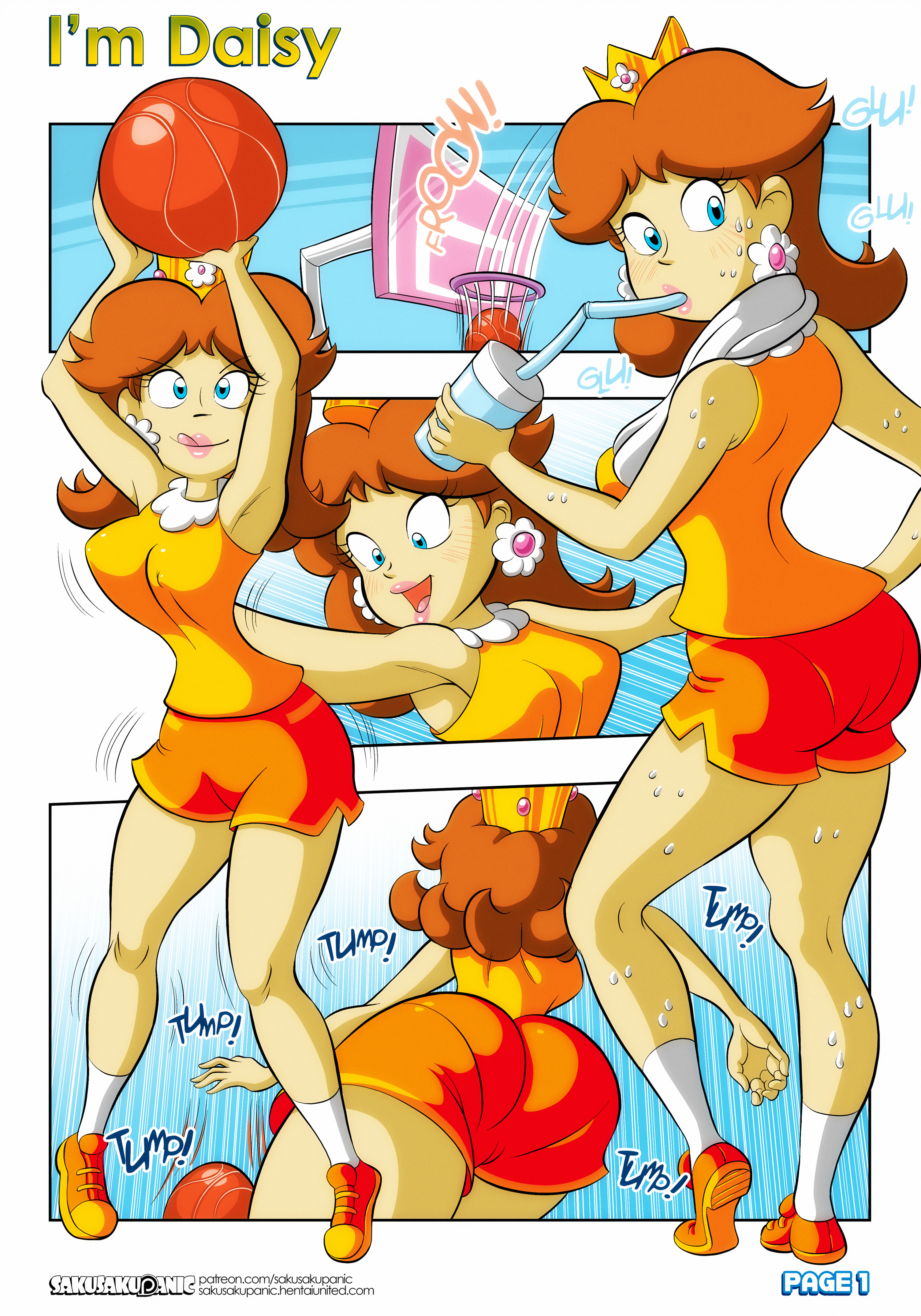 1girls, ass, back, back view, backboob, bare shoulders, basketball, basketball hoop, blue eyes, blush, breasts, brown hair, clothing, comic, crown, drinking, earrings, exercise, eyebrows visible through hair, female, flower earrings, ginger hair, highres, hot pants, hotpants, i'm daisy, jpeg, lips, lipstick, looking back, looking down, mario (series), mario hoops 3 on 3, motion lines, multiple positions, multiple views, nintendo, nipples visible through clothing, onomatopoeia, outdoors, panties visible through clothing, princess daisy, royalty, sakurakasugano, shoes, shorts, shoulder length hair, socks, solo, sportswear, sweat, tank top, text, thick, thick thighs, thighs, tiptoes, tongue, towel, wide hips