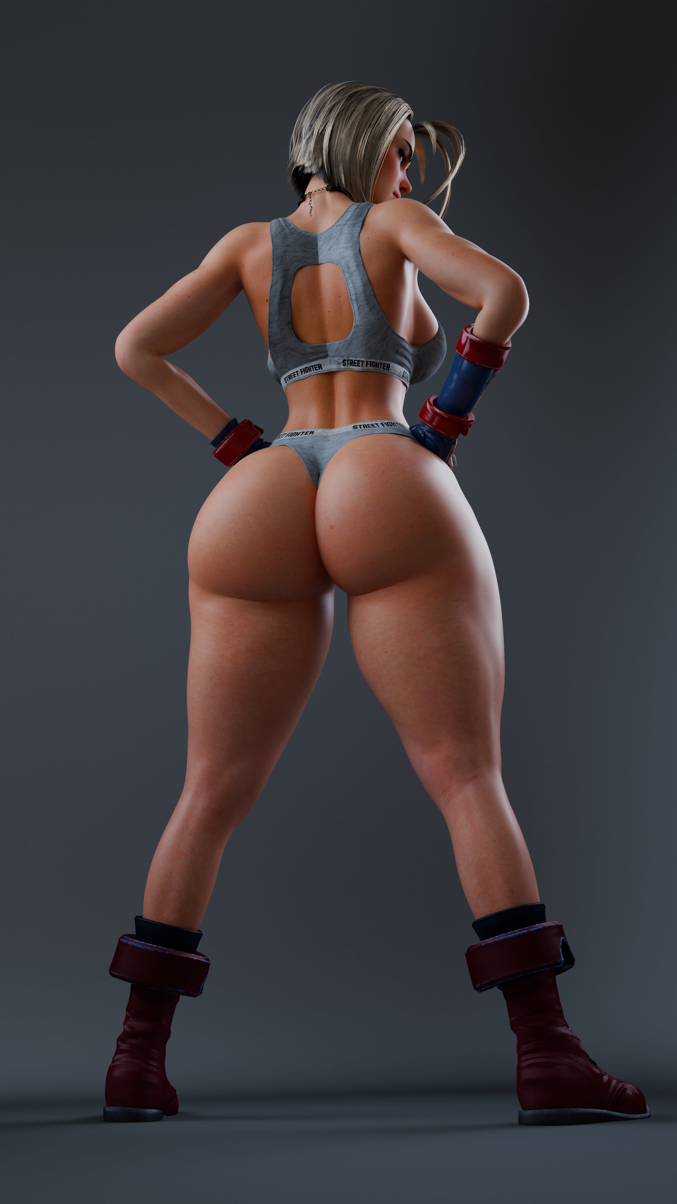 1girls, 3d, 3d (artwork), armwear, ass, ass view, back view, big ass, big hips, big thighs, blonde hair, bubble ass, bubble butt, calvin klein, cammy white, cpt-flapjack, female, female only, hand on hip, hand on own hip, high resolution, jacket, large ass, looking at viewer, looking back, neckwear, no pants, panties, pantsless, rear view, short hair, simple background, solo, solo female, sports panties, standing, street fighter, street fighter 6, thick thighs, thighs