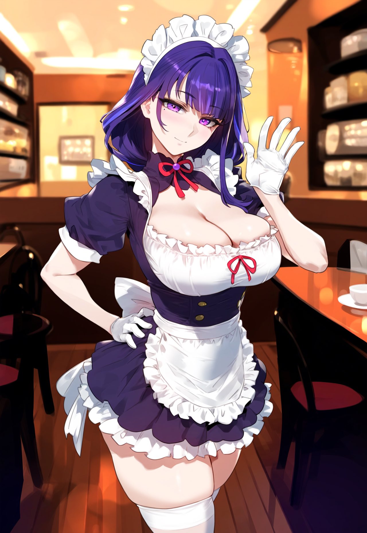 1girls, apron, big breasts, blush, breasts, busty, cafe, cleavage, dress, female, genshin impact, large breasts, looking at viewer, maid, maid uniform, milf, raiden shogun, smile, solo, solo female, thick thighs, thighhighs, waving