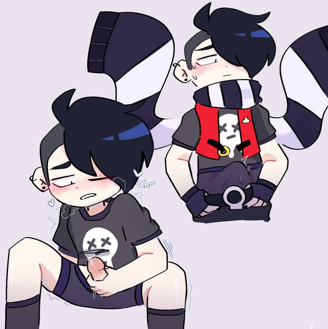 biting lip, brawl stars, edgar (brawl stars), emo, gay, male, male only, masturbation, one eye closed, pleasure face, precum, precum drip, tagme