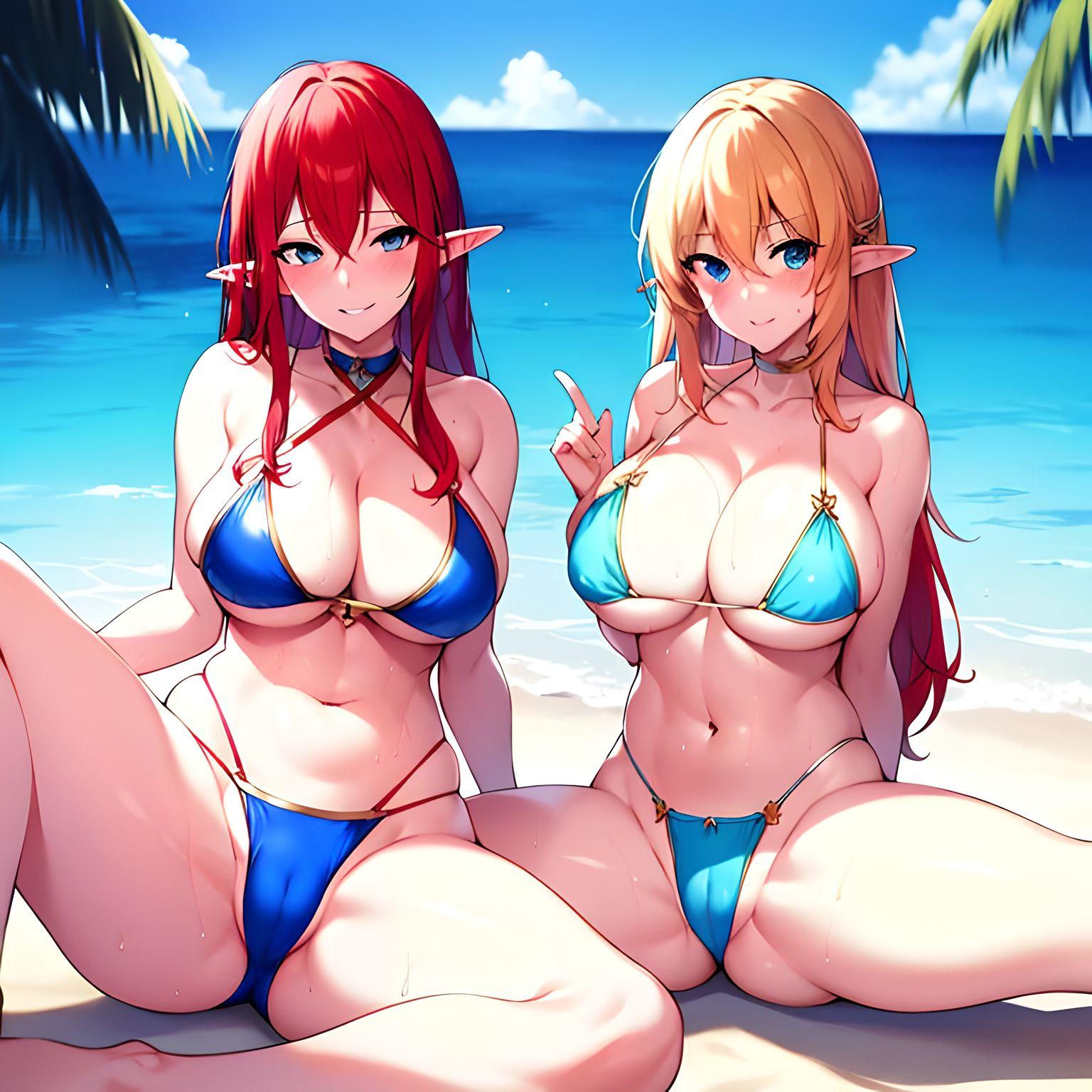 2girls ai_generated aqua_bikini beach big_breasts bikini bikini_bottom bikini_top blonde_hair blue_bikini blue_eyes breasts busty busty_female cameltoe closed_legs clothed clothing covered_breasts covered_pussy cute cyan_bikini elf elves fat_pussy female female_focus female_only giant_breasts huge_breasts large_breasts long_ears long_hair lounging massive_breasts ocean partial_nudity pussy red_hair resting sitting spread_legs spreading swimwear tropical vagina water