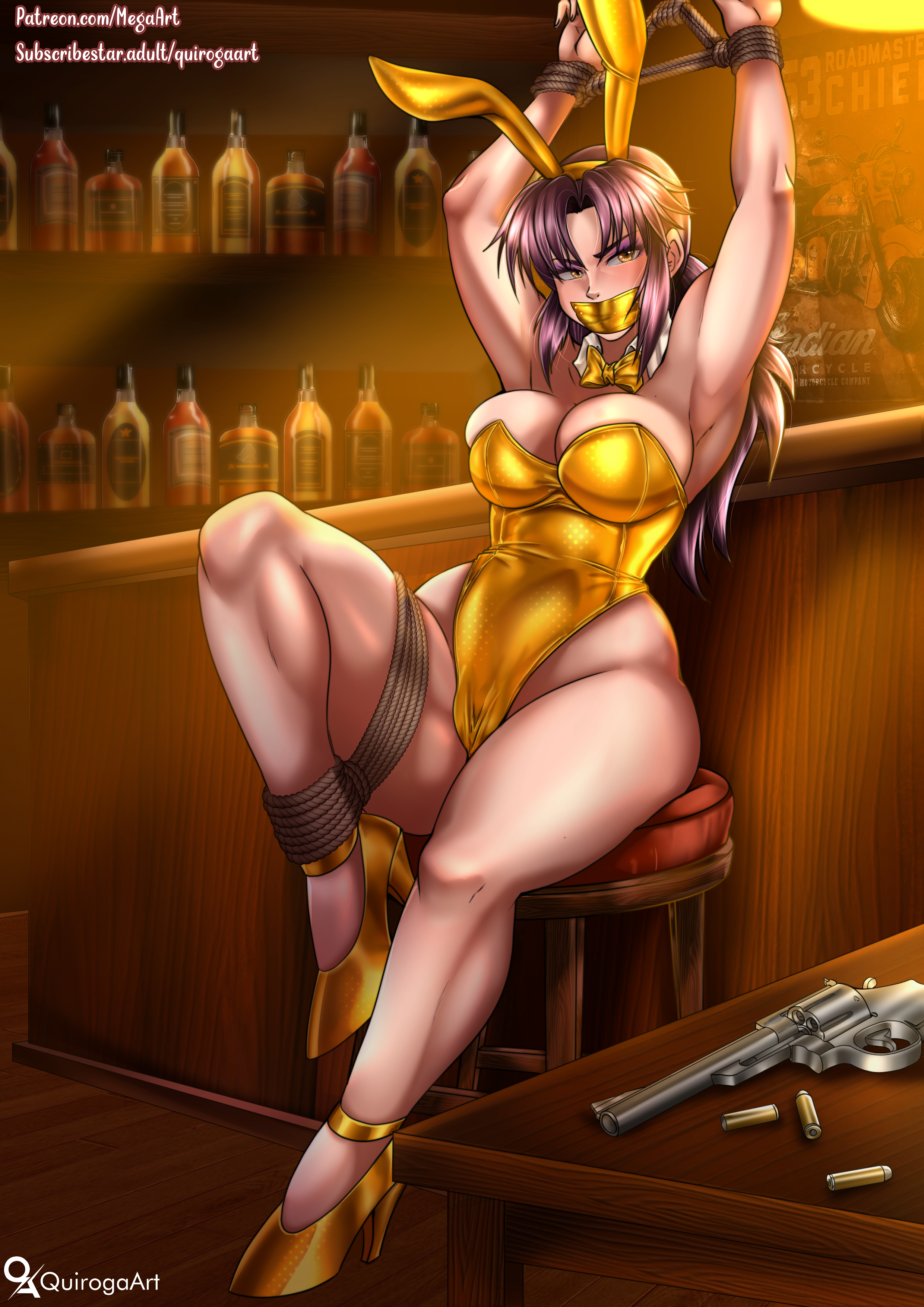 bdsm gear, bdsm outfit, black lagoon, bondage, bondage outfit, bunnygirl, gold bikini, latex, latex bodysuit, nsfw, revy, revy (black lagoon), tape gag