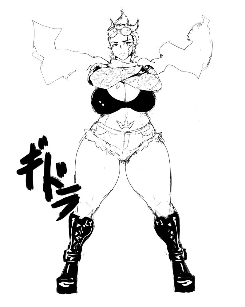 arm tattoo, boots, breasts, crossed arms, cutoffs, donaught, female, gachi hoochi, gender transformation, ghidorah (species), godzilla (series), huge breasts, king ghidorah, mature female, milf, personification, pubic hair peek, rule 63, short shorts, shorts, solo, stomach tattoo, sunglasses on head, tattoo, thick thighs, transformation