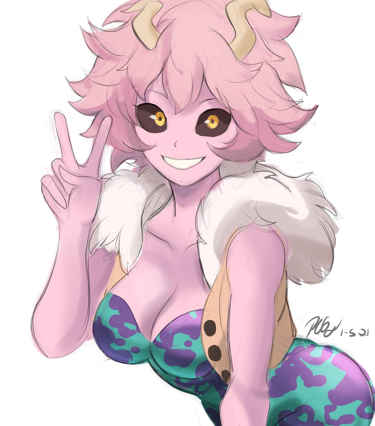 1girls, big breasts, breasts, female, hero outfit (mha), horns, looking at viewer, mina ashido, my hero academia, pink body, pink hair, pink-haired female, rakeemspoon, solo, solo female, v sign