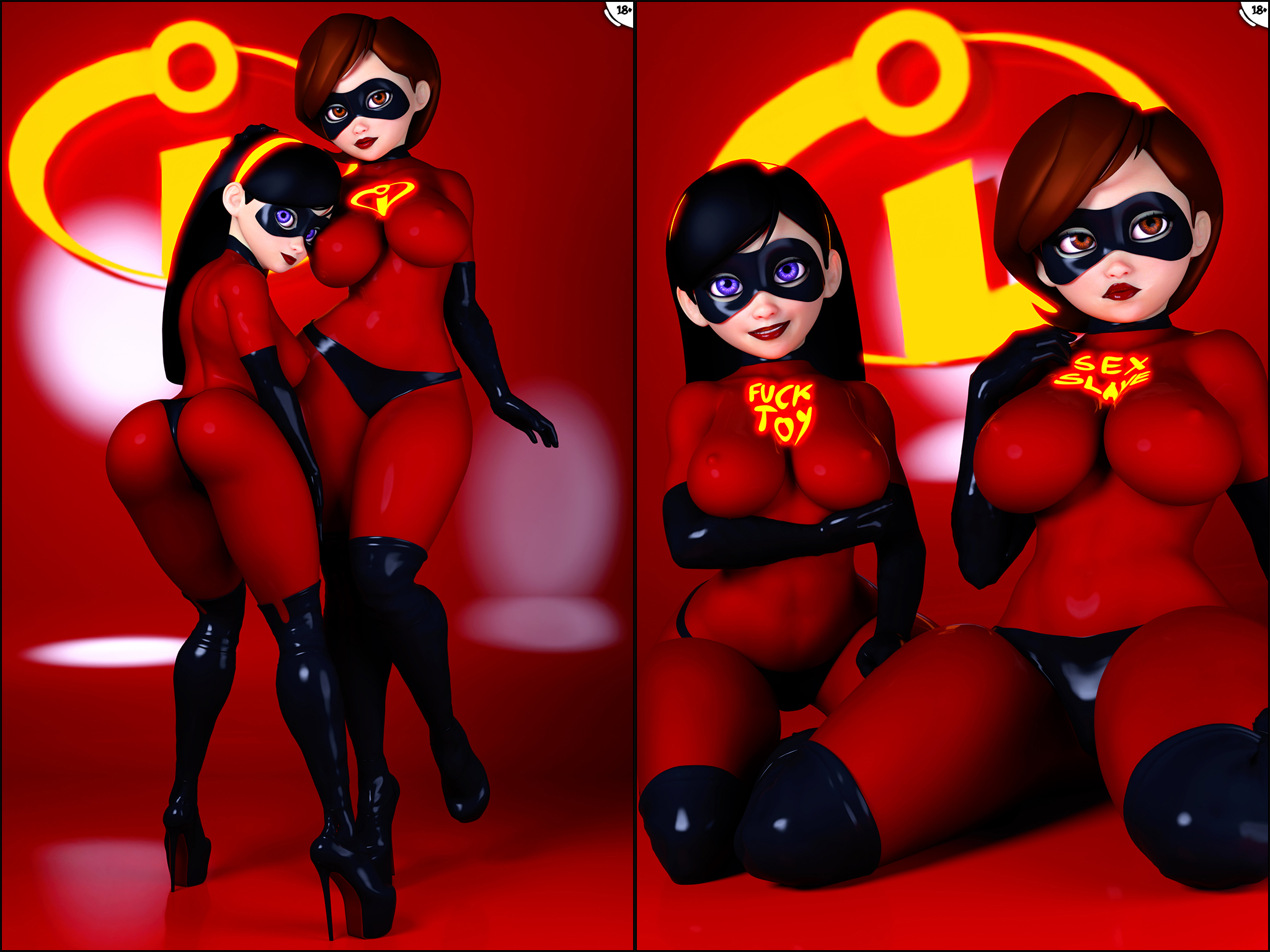 2girls, 3d, ass, athletic, athletic female, big ass, big breasts, bottom heavy, breasts, bust, busty, chest, curvaceous, curvy, curvy female, curvy figure, daughter, disney, elastigirl, eyebrows, eyelashes, female, female only, fit, fit female, gleaming, head on breasts, helen parr, hero, heroine, high heel boots, high heels, hips, hourglass figure, huge ass, huge breasts, large ass, large breasts, latex, legs, lesbian, light skin, light-skinned female, mature, mature female, mother, mother and daughter, multiple females, multiple girls, pixar, pixar mom, platform heels, slim, slim waist, superhero, superheroine, the incredibles, thick, thick hips, thick legs, thick thighs, thighs, top heavy, top heavy breasts, upper body, urqqurqq, violet parr, voluptuous, voluptuous female, waist, wide hips, yuri