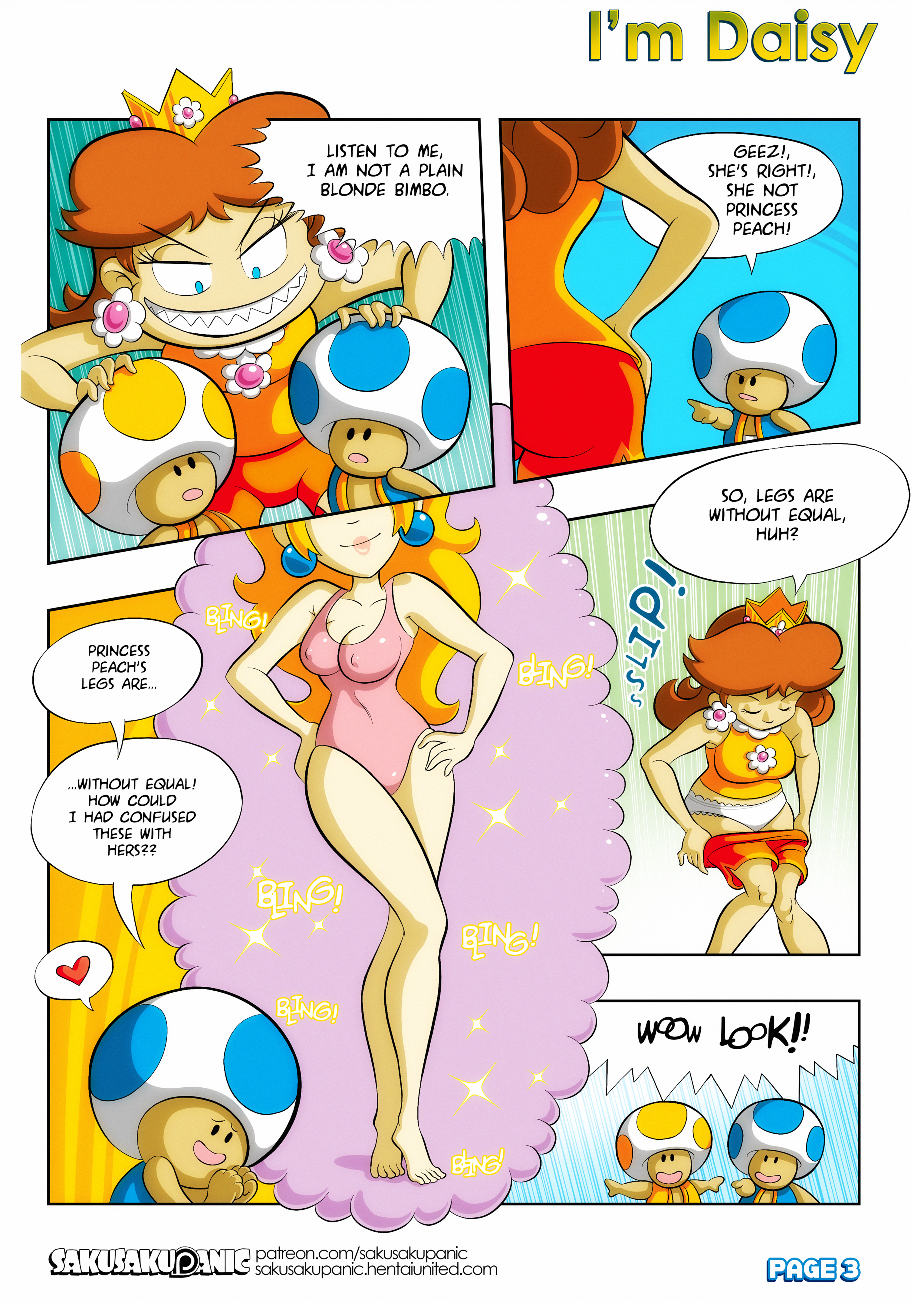 2boys, 2girls, bare shoulders, barefoot, blonde hair, blue eyes, breasts, brooch, brown hair, closed eyes, clothing, comic, crown, dialogue, earrings, evil smile, female, flower earrings, ginger hair, half-closed eyes, hand on head, hand on hip, highres, i'm daisy, imagining, leotard, lips, lipstick, long hair, long legs, looking at another, male, mario (series), mario hoops 3 on 3, nintendo, nipples visible through clothing, onomatopoeia, open mouth, panties, pants, picot trim, picot trim panties, pointing, princess daisy, princess peach, royalty, sakurakasugano, shorts, shorts down, shorts pull, shoulder length hair, sparkle, speech bubble, spoken heart, sportswear, swimsuit, tank top, text, thick, thick thighs, thighs, toad (mario), undressing, vest, white panties, wide hips