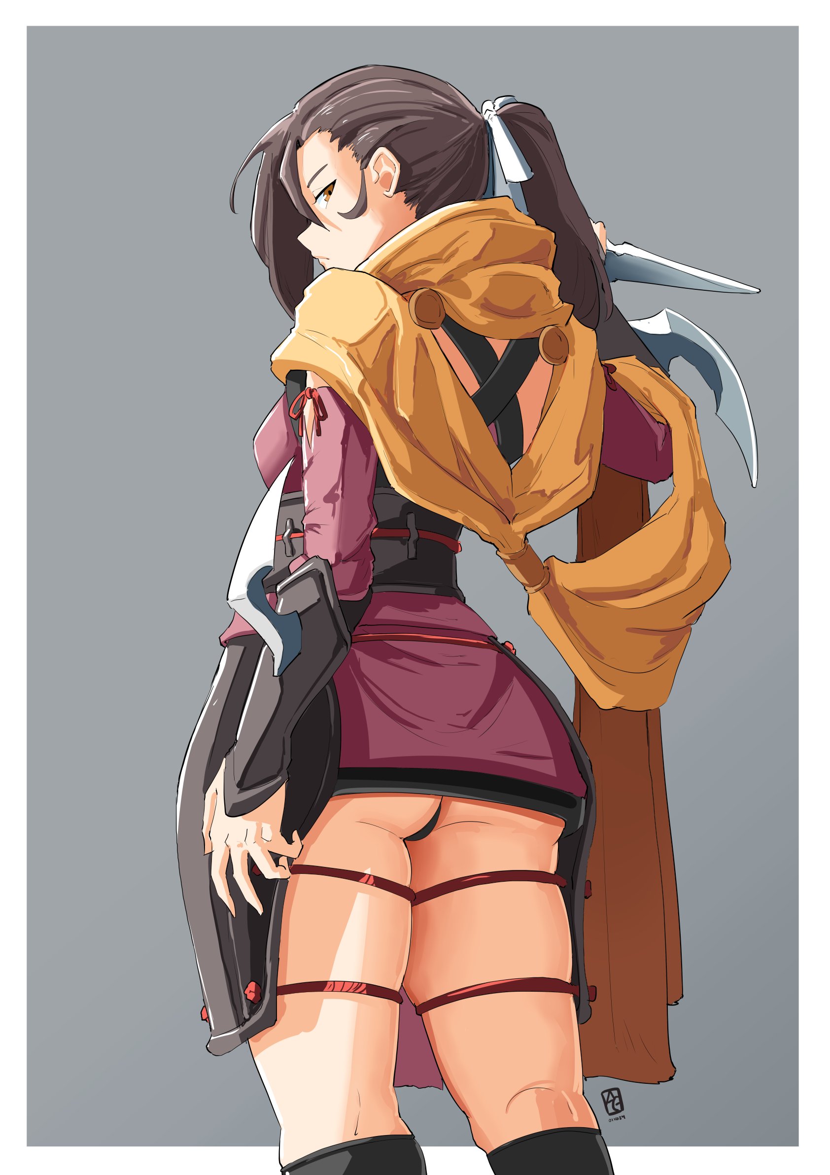 1girls, ass, automatic giraffe, back, back view, backless outfit, bare back, bare thighs, big ass, black panties, breasts, brown eyes, brown hair, female, female only, fire emblem, fire emblem fates, from behind, grey background, hair over one eye, highres, holding, holding weapon, inner thighs, kagero (fire emblem), knife, kunai, leather strap, long hair, long sleeves, looking at viewer, looking back, medium breasts, ninja, nintendo, panties, pantyshot, pantyshot (standing), ponytail, scarf, sidelocks, simple background, skindentation, solo, standing, thigh strap, thighs, underwear, upskirt, weapon, white border, yellow scarf