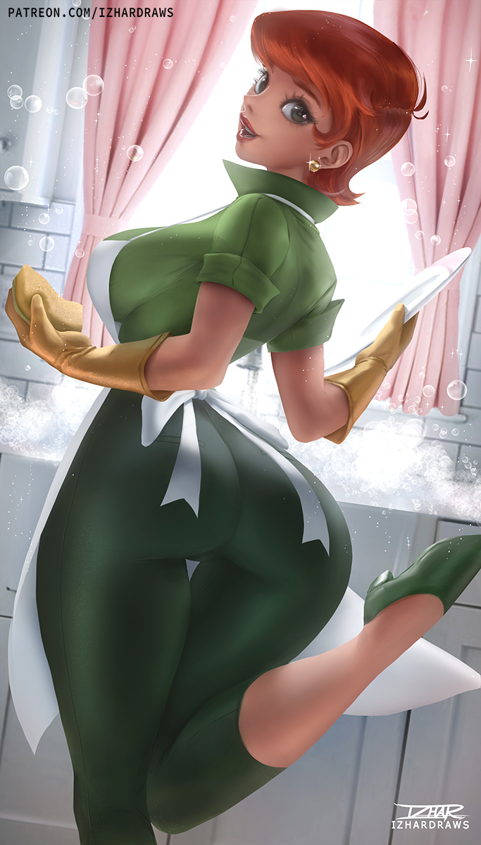 1girls, ass, back, back view, big ass, big breasts, breasts, cartoon network, clothed, clothing, color, dexter's laboratory, dexter's mom, female, female focus, female only, gloves, hi res, izhardraws, jewelry, large breasts, latex, latex gloves, leg up, looking at viewer, looking back, mature female, milf, orange hair, red head, short hair, solo, solo female, tagme, thick thighs, washing, washing dishes, yellow gloves