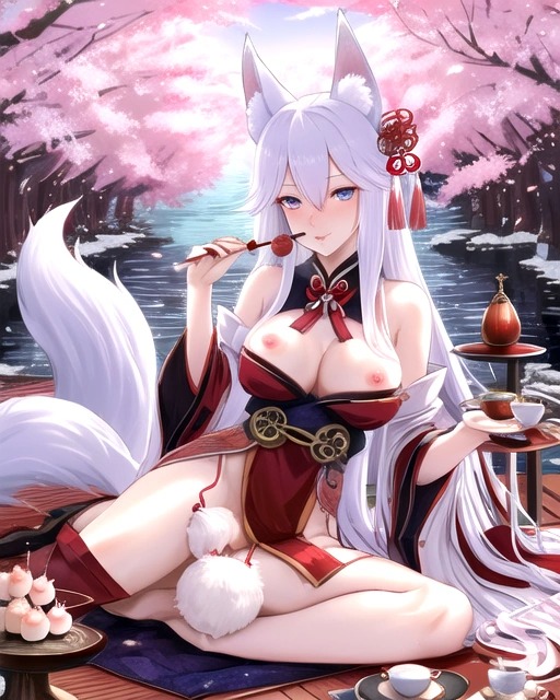 ai_generated animal_ears blue_eyes cherry_blossoms cherry_trees dango fox_ears fox_girl fox_spirit fox_tail japanese_clothes long_hair original_character river tea tea_set white_hair