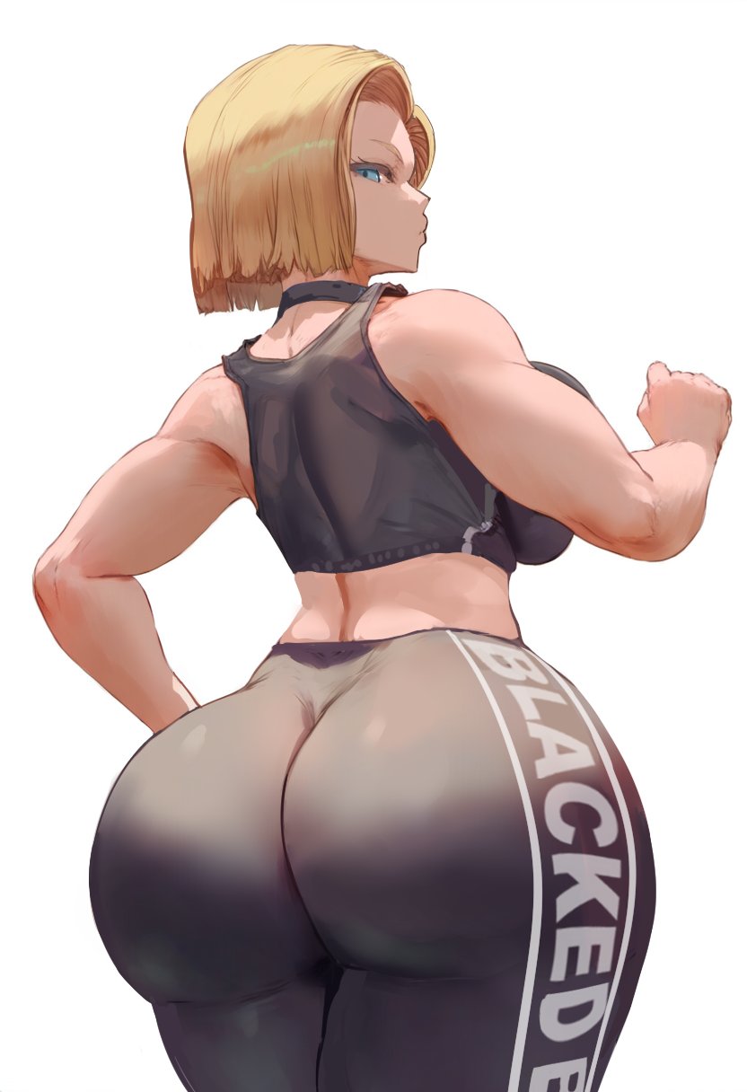 ai generated, android 18, ass, ass too big, back view, barely contained ass, barely fits, big ass, big ass (female), big butt, blacked, blacked clothing, blonde hair, blue eyes, bubble ass, bubble butt, cuckold, dragon ball, dragon ball super, dragon ball z, female, gym clothes, gym uniform, huge ass, huge ass (female), imminent wardrobe malfunction, interracial, looking back, netorare, ntr, sportswear, tight pants
