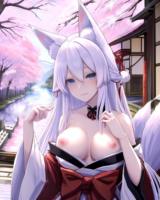 ai_generated animal_ears blue_eyes cherry_blossoms cherry_trees fox fox_ears fox_girl fox_spirit fox_tail japanese_clothes japanese_house long_hair original_character white_hair