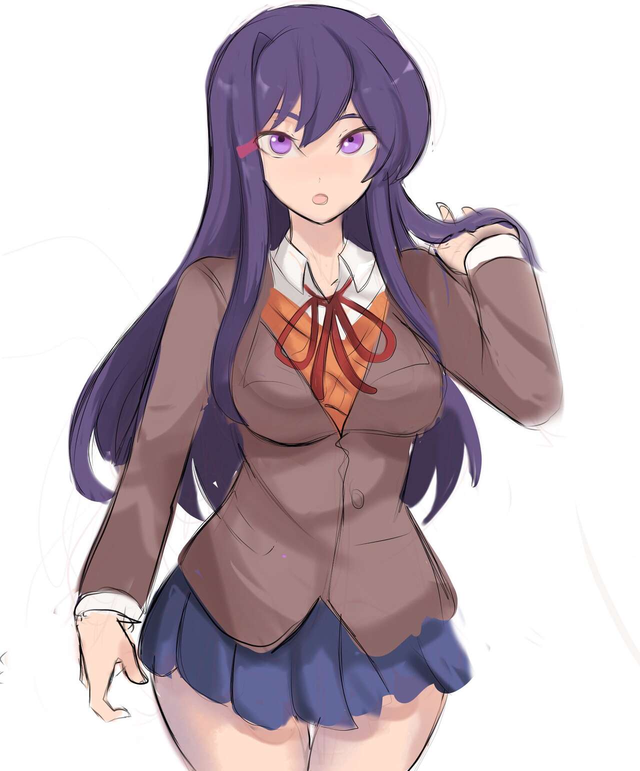1girls, big breasts, breasts, doki doki literature club, female, long hair, looking at viewer, purple eyes, purple hair, rakeemspoon, school uniform, schoolgirl, skirt, solo, solo female, yuri (doki doki literature club)