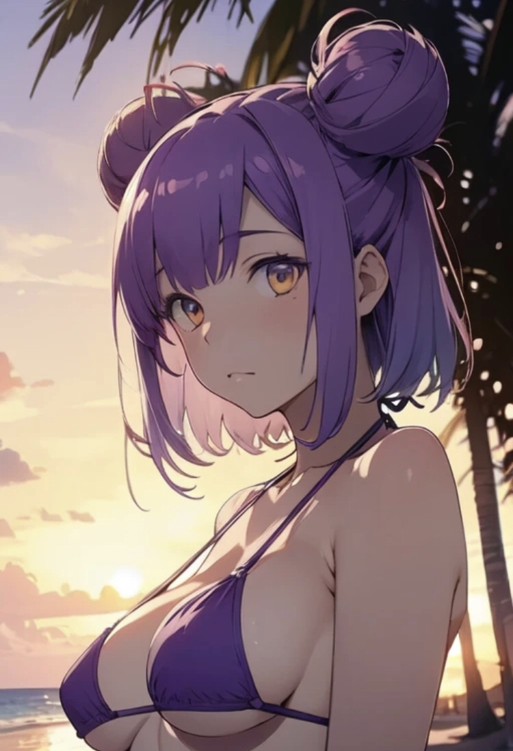 1girls ai_generated beach_background blush_lines classroom_of_the_elite female looking_at_viewer medium_breasts orange_eyes palm_tree petite_body purple_bikini_top purple_hair solo_female solo_focus string_bikini sunset tachibana_akane_(cote) two_hair_buns youkoso_jitsuryoku_shijou_shugi_no_kyoushitsu_e