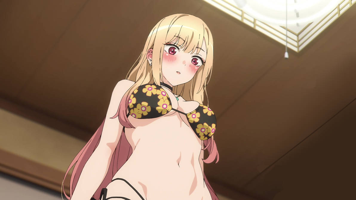 1girls, blonde hair, female, female only, human, kitagawa marin, looking down, pink eyes, screencap, solo, sono bisque doll wa koi wo suru