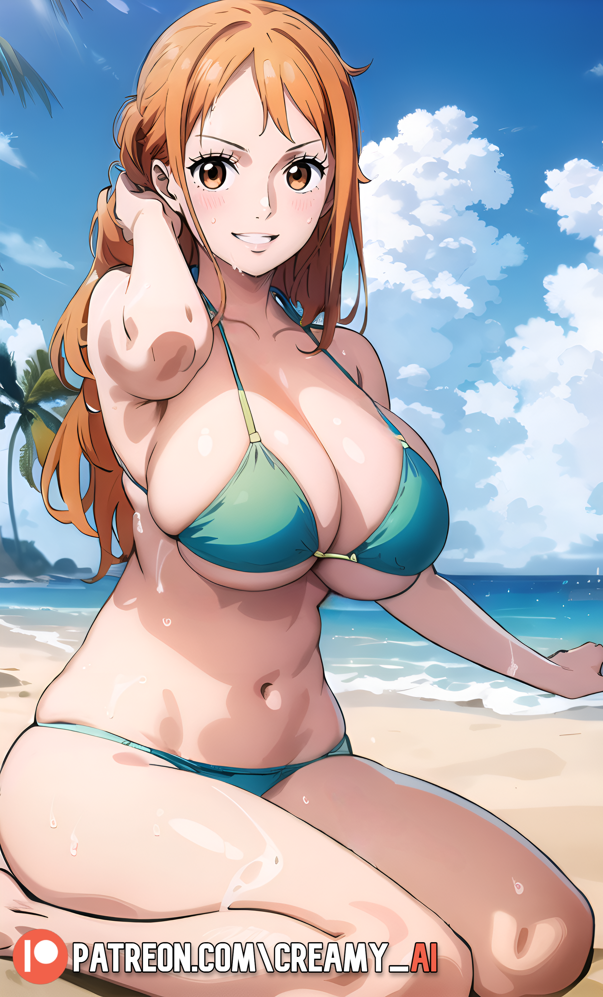 ai generated, arm behind head, big breasts, bikini, blush, breasts, brown eyes, cleavage, collarbone, creamy ai, female, female only, green bikini, hi res, kneeling, long hair, nami (one piece), one piece, orange hair, parted lips, patreon username, perky breasts, post-timeskip, smile, thick thighs, thighs