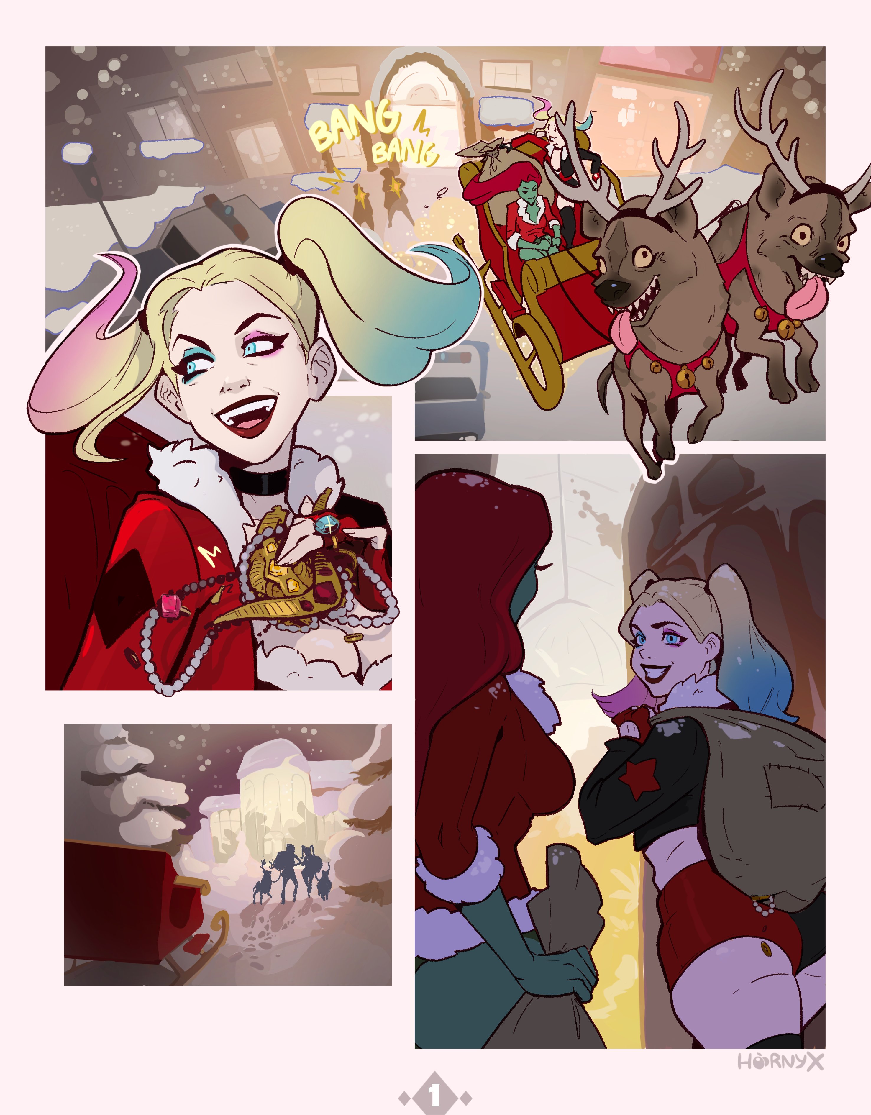 1girls, absurd res, alternate costume, batman (series), big breasts, blonde hair, blue eyes, breasts, christmas, christmas outfit, colored hair, comic, comic page, dc, dc comics, female, green body, green skin, harley quinn, hornyx, large breasts, page 1, page number, poison ivy, red hair, two-tone hair