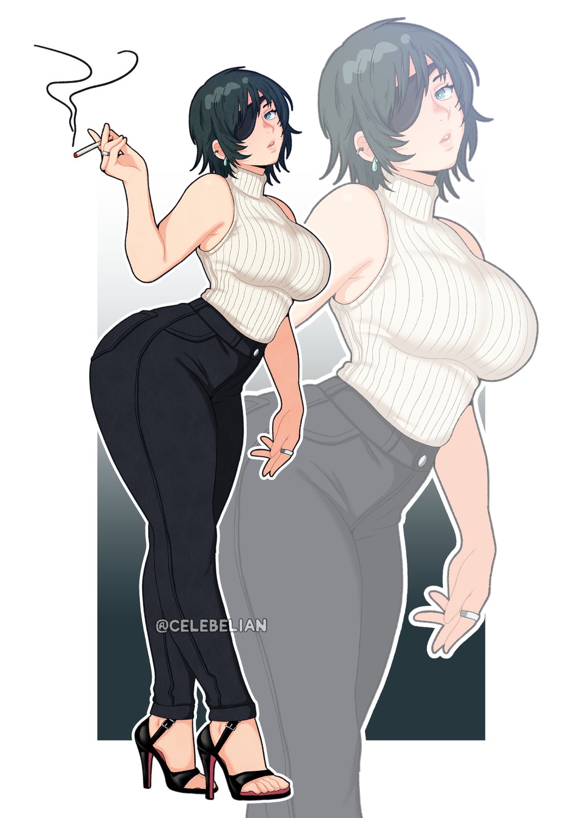big breasts, blush, breasts, celebelian, chainsaw man, cigarette, clothed, clothes, clothing, curvaceous, curvaceous body, curvaceous female, curvaceous figure, curvaceous hips, curvy, curvy body, curvy female, curvy figure, curvy hips, eyepatch, female, female focus, female only, heels, high heels, himeno (chainsaw man), hips, jeans, sleeveless, sleeveless shirt, smoking, smoking cigarette, thick, thick hips, thick thighs, wide hips