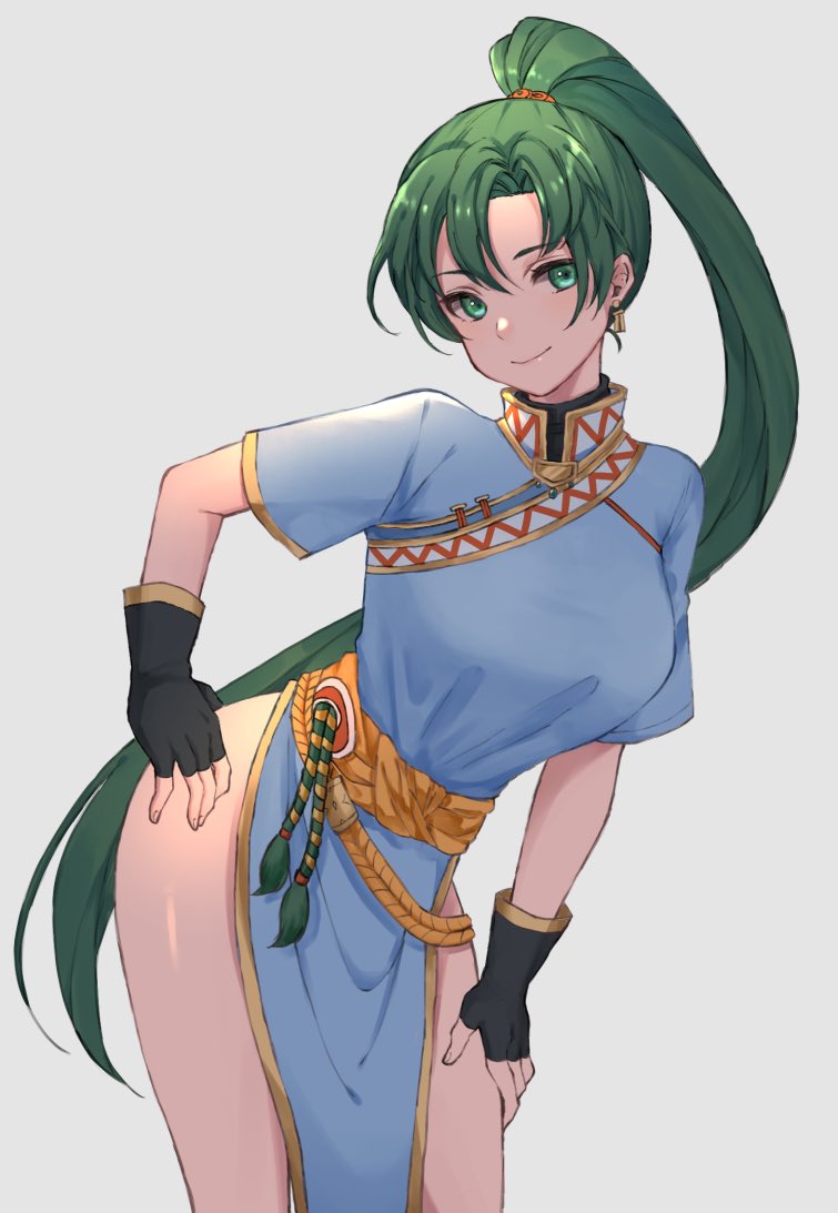 female, fingerless gloves, fire emblem, fire emblem: the blazing blade, green hair, hand on hip, hoshido1214, long hair, looking at viewer, lyn (fire emblem), lyndis (fire emblem), no panties, pelvic curtain, ponytail, smile, thighs