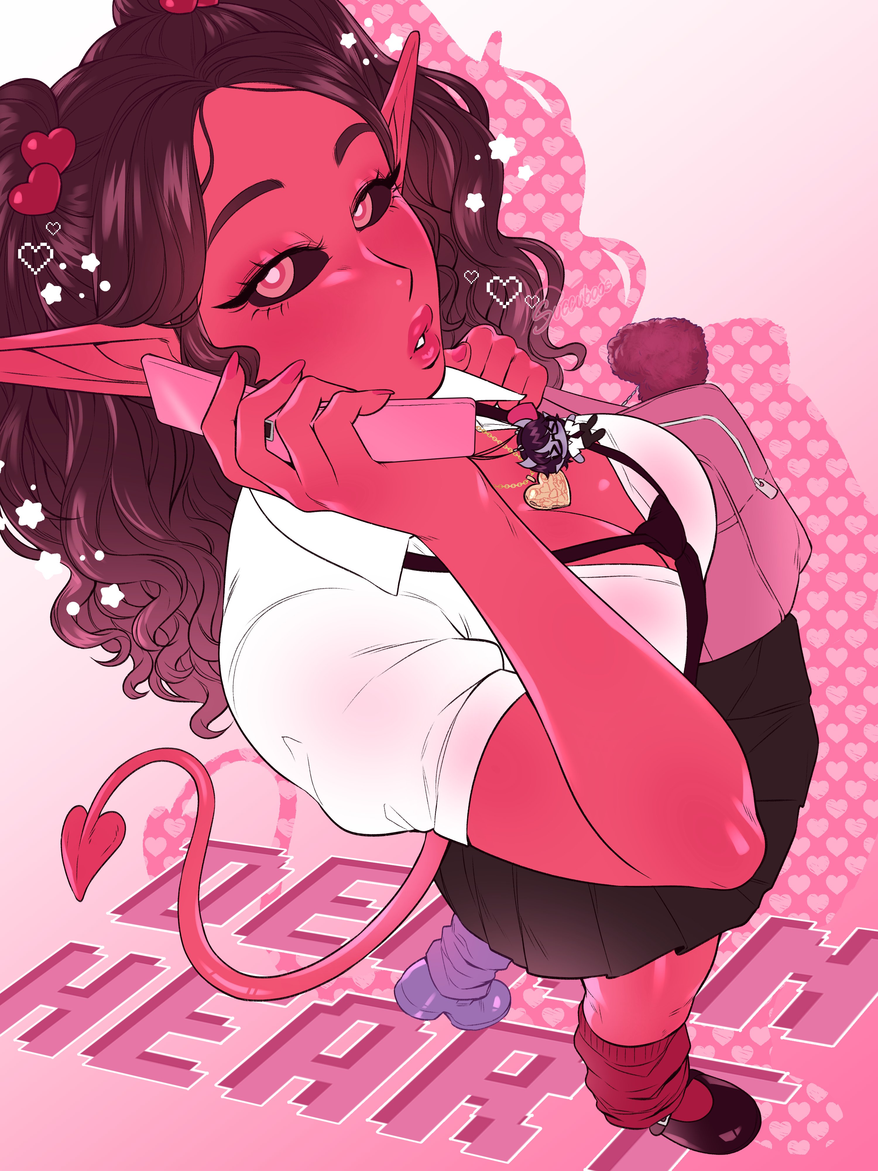 1girls, absurd res, black sclera, brown hair, charlotte (succuboos), cleavage, demon, demon girl, demon humanoid, demon tail, demoness, english text, female, female only, handbag, long hair, looking at viewer, milf, original, original character, phone, pointy ears, red eyes, red skin, red-skinned female, school uniform, schoolgirl, solo, succuboos, succubus, succubus tail, tail, text, twintails, viewed from above