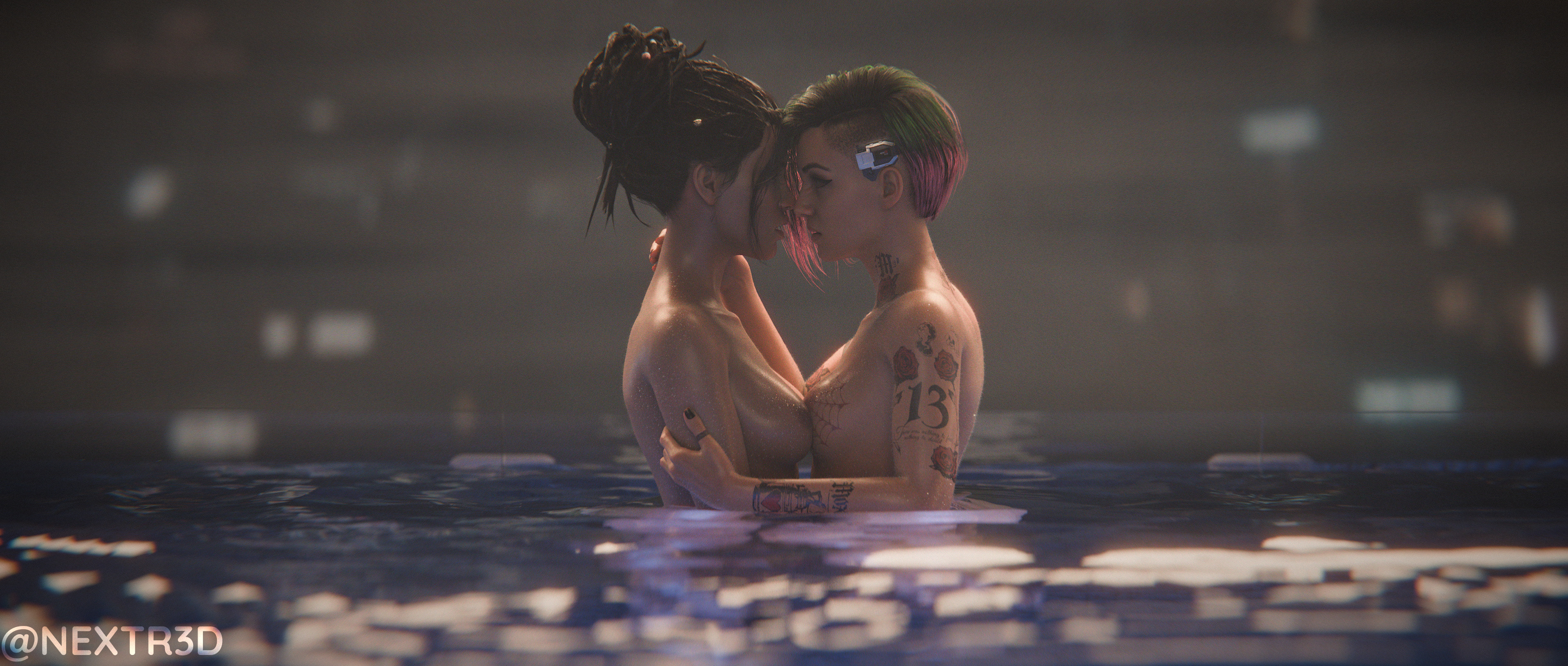 3d, 3d (artwork), 3d model, black hair, breasts, cd projekt red, cyberpunk 2077, embrace, female, female only, female/female, feminine, feminine body, judy alvarez, lesbian kiss, multicolored hair, nextr3d, panam palmer, petite, petite body, petite breasts, petite female, sensual, tan skin, tan skinned female, tattoo on arm, tattooed arm, tattoos, yuri