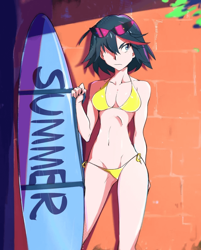 1girls, angry face, artist request, bikini, black hair, black-haired female, blue eyes, breasts, covered nipples, covering breasts, curvy, female, female only, glasses, glasses on head, hips, kill la kill, light skin, light-skinned female, matoi ryuuko, multicolored hair, one eye covered, solo, summer, surfboard, swimsuit, thin female, thin waist, yellow bikini