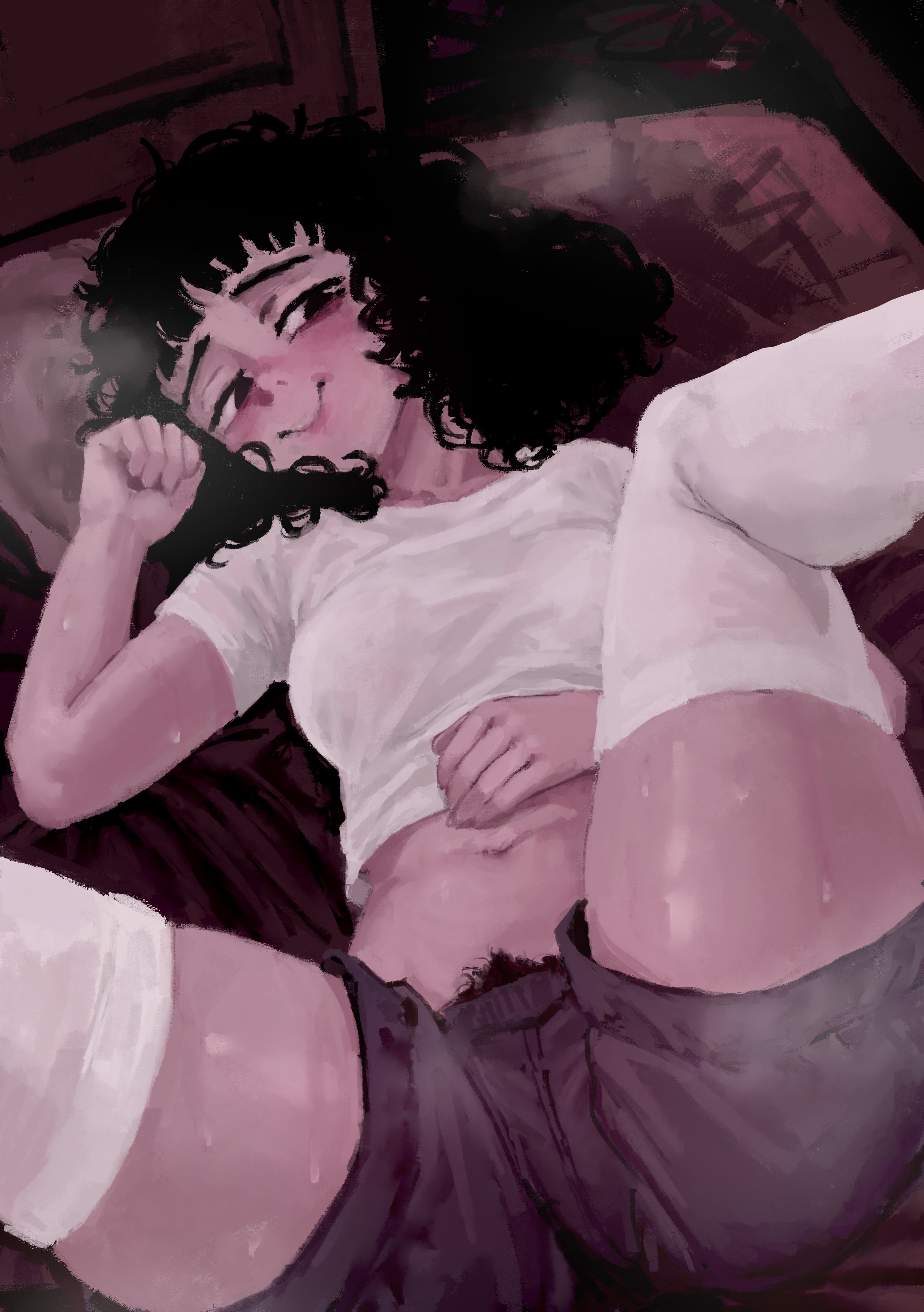 black hair, bush, bushy pubes, casato, ellie (casato), female, female pubic hair, goonette, horny female, light-skinned female, musk, musk clouds, musky, pubes, pubes exposed, pubic hair, shorts, spread legs, sweat, sweatdrop, sweaty, white legwear, white shirt, white skin