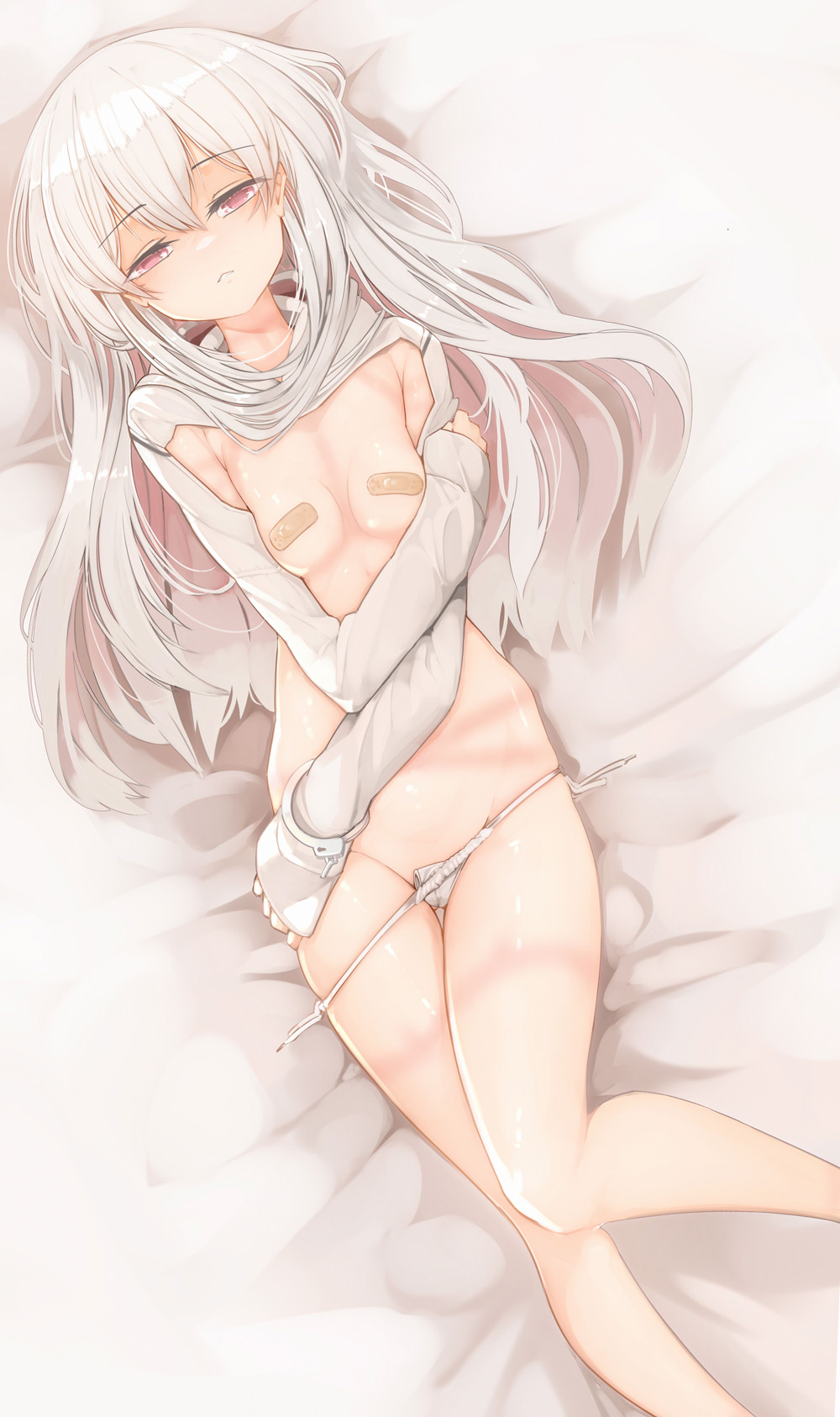 belly_button bob_cut bruise bruised closed_legs crossed_arms crossed_legs genek long_hair long_sleeves looking_at_viewer looking_up lying lying_on_back lying_on_bed nipples_covered petite petite_body petite_female slim_waist small_breasts teenager underwear white_hair