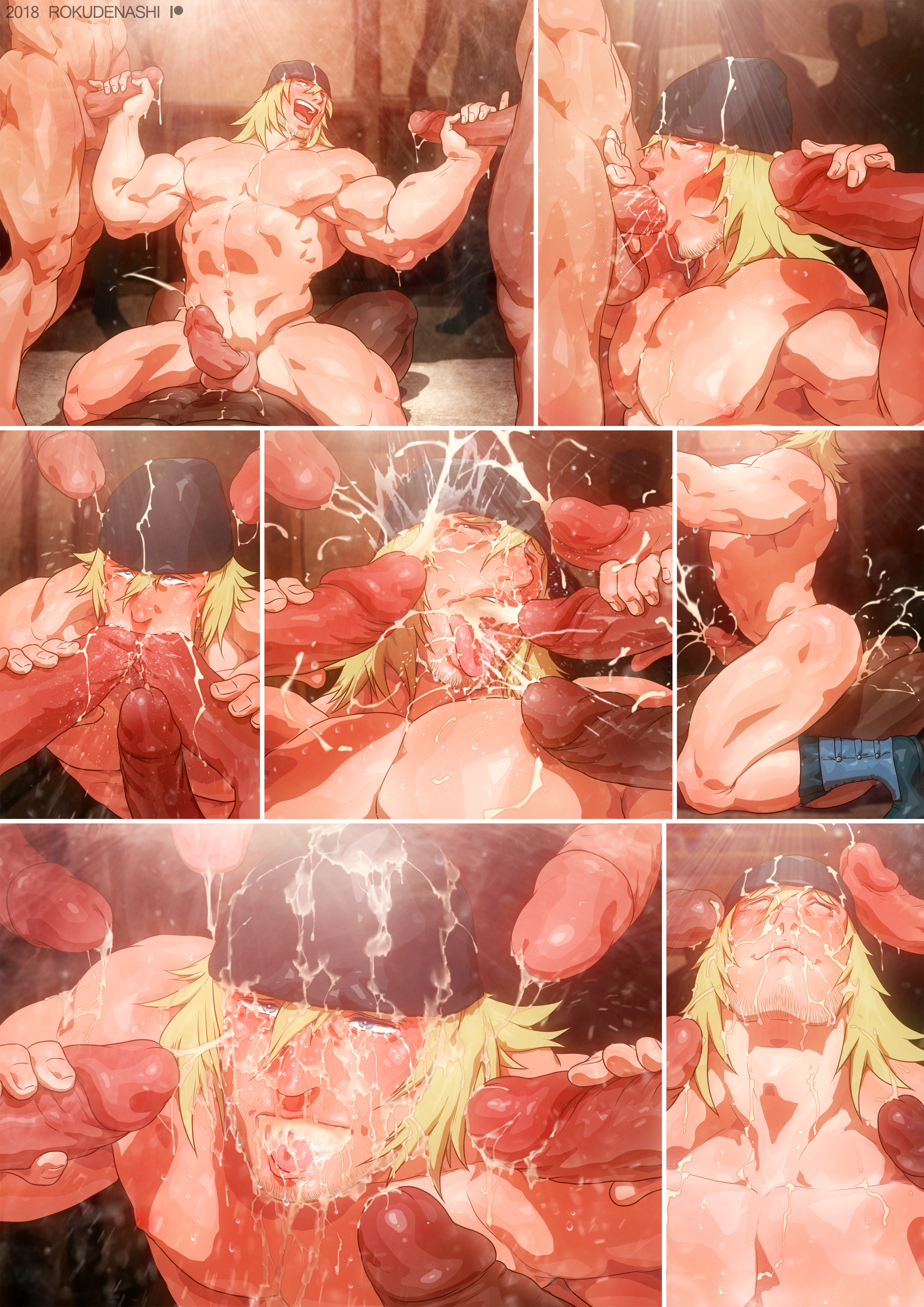 4boys, 6+boys, abs, absurdres, ahe gao, anal, ass, bara, blonde hair, blue eyes, blush, boots, bukkake, comic, cum, cum in ass, cum in mouth, cum on body, cum while penetrated, drooling, ejaculation, erection, excessive cum, facial, facial hair, fellatio, final fantasy, final fantasy i, final fantasy xiii, gay, group sex, handjob, happy sex, hat, highres, male, male focus, male only, muscles, muscular, muscular male, naughty face, nipples, nude, open mouth, oral, orgasm, orgy, pecs, penetration, penis, penis grab, rokudenashi, saliva, sex, smile, snow villiers, straddling, sucking, sweat, teeth, thrusting, tongue, wince, yaoi