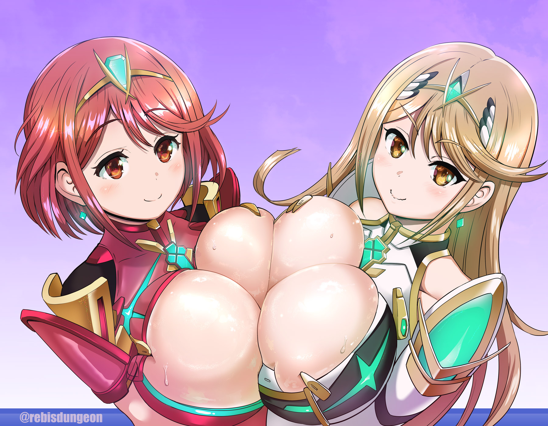 2girls, bangs, blonde hair, blue background, breast press, breasts, brown eyes, busty, cleavage, earrings, eyebrows visible through hair, female, female only, gradient, gradient background, highres, huge breasts, jewelry, light blush, long hair, looking at viewer, multiple females, multiple girls, mythra, nintendo, pyra, rebis, red eyes, red hair, selfcest, short hair, skindentation, smile, sweat, swept bangs, symmetrical docking, tiara, upper body, wavy mouth, xenoblade (series), xenoblade chronicles 2