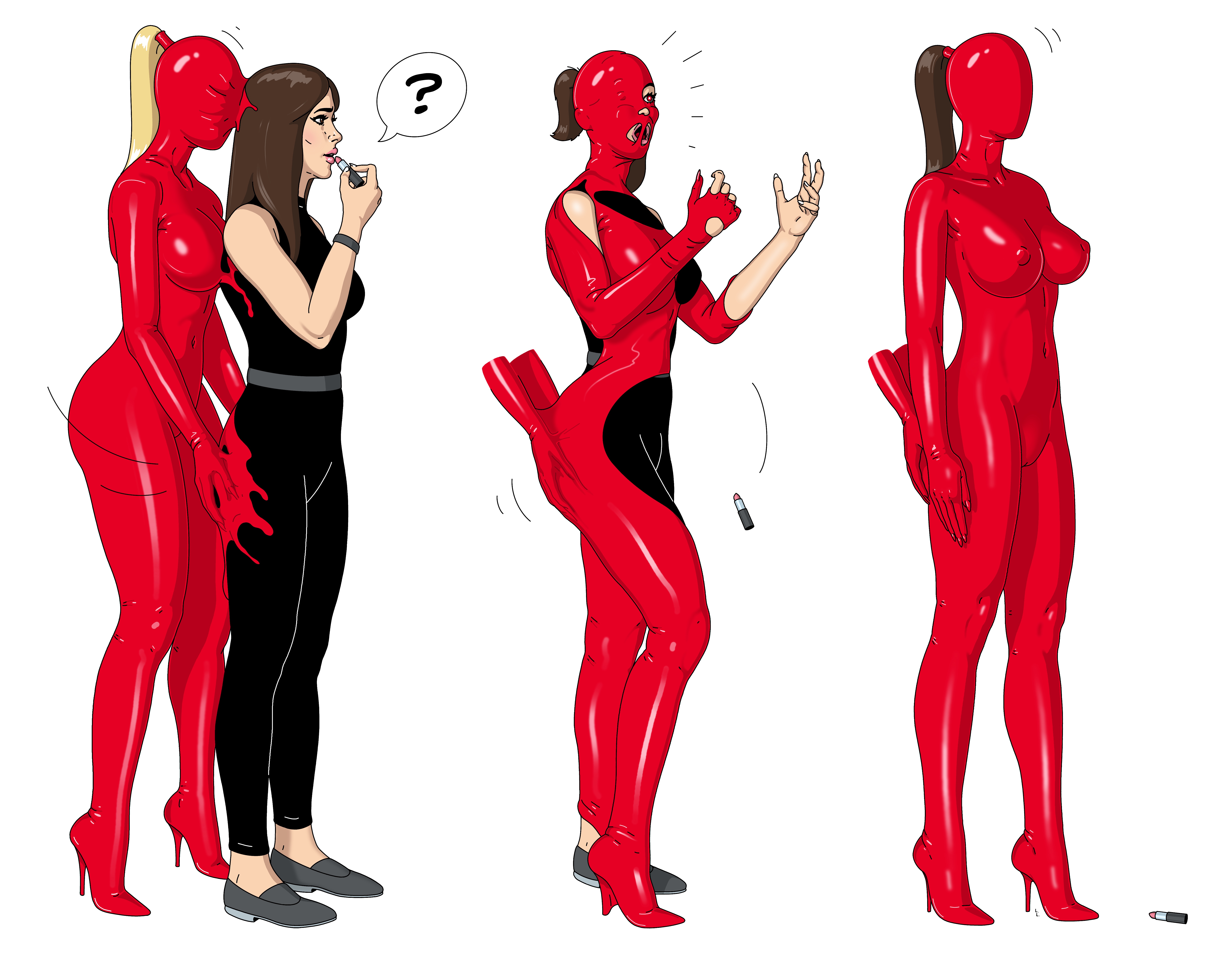 ass, breasts, brown hair, corruption, droneification, encasement, faceless, female, goo transformation, gooptg, heeled feet, high heels, huge ass, huge breasts, identity death, latex transformation, nipples, ponytail, thick thighs, transformation, transformation sequence, wide hips