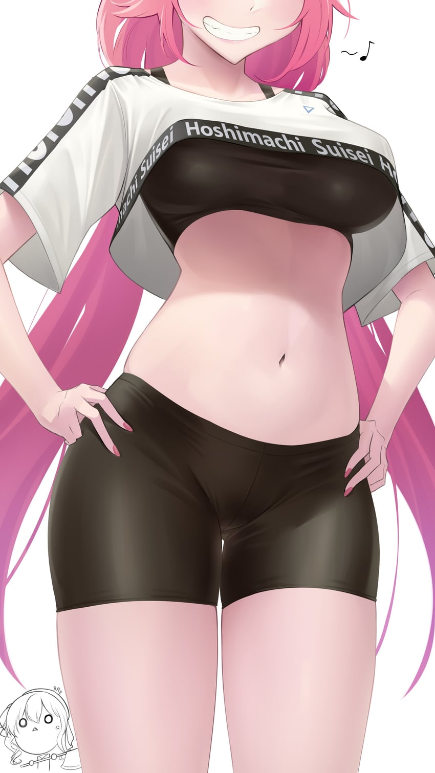 2girls bike_shorts black_shorts black_sports_bra breast_envy breasts crop_top female female_only fully_clothed grin highres hololive hololive_dance_practice_uniform hololive_gen_0 hololive_japan horny hoshimachi_suisei_(cosplay) long_hair multiple_girls navel pink_hair sakura_miko skin_tight somebody_(leiking00) spats sports_bra thigh_gap tight_clothing virtual_youtuber