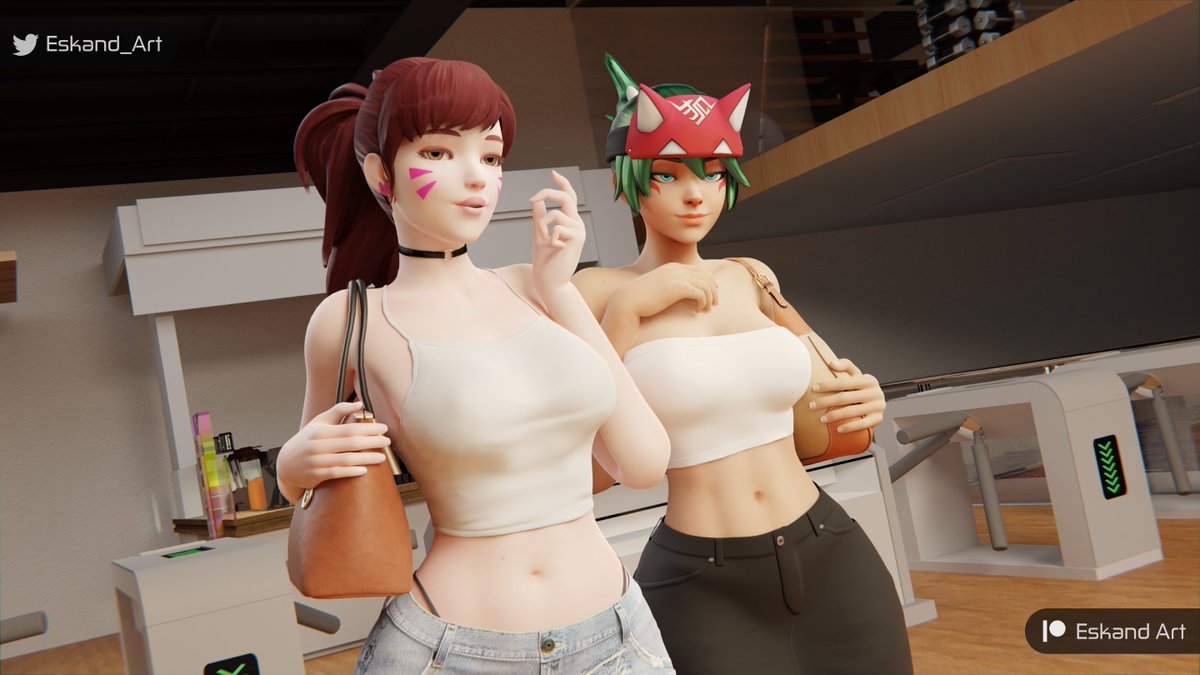 2girls, 3d, d.va, eskandart, female, female only, kiriko (overwatch), multiple females, multiple girls, overwatch, overwatch 2