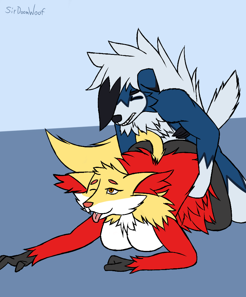 1boy 1girls 2019 alternate_color anthro ass big_breasts breasts canid canine delphox duo female fluffy fur furry inner_ear_fluff interspecies large_breasts lycanroc male mammal markings midnight_lycanroc nintendo nude open_mouth original_character pokémon_(species) pokemon pokemon_sm pokemon_xy sex simple_background sirdoomwolf tongue video_games white_fur